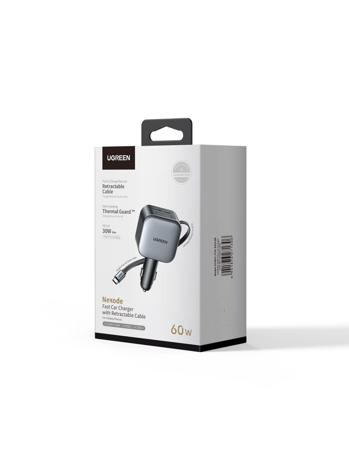 Ugreen 60 W Fast Car Charger With Retractable Cable - Handys Adapter Und Ladegeraete - 55212b