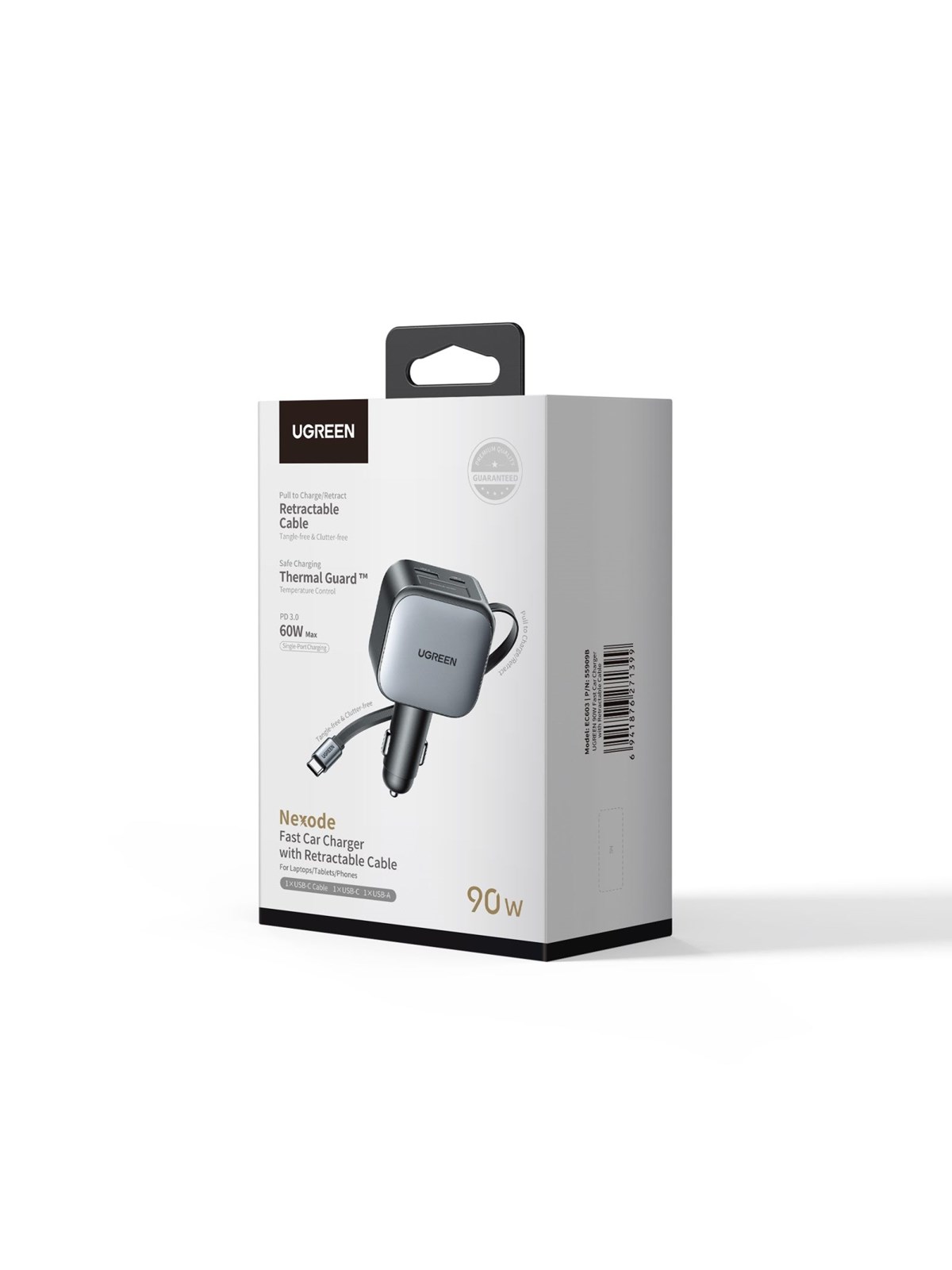 Ugreen 90 W Fast Car Charger With Retractable Cable - Handys Adapter Und Ladegeraete - 55909b