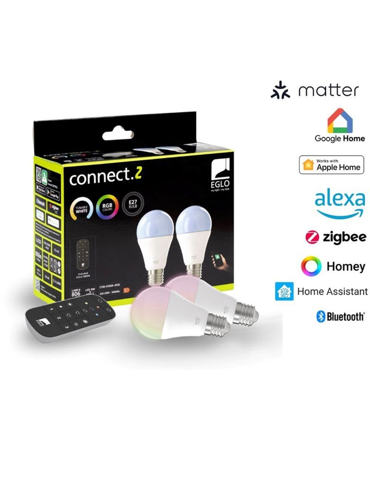 Eglo E27 Led-z Matter A60 Rgb/cct 11w 1300lm Opal 2-pack W/remote Control - Smart Home - 110399