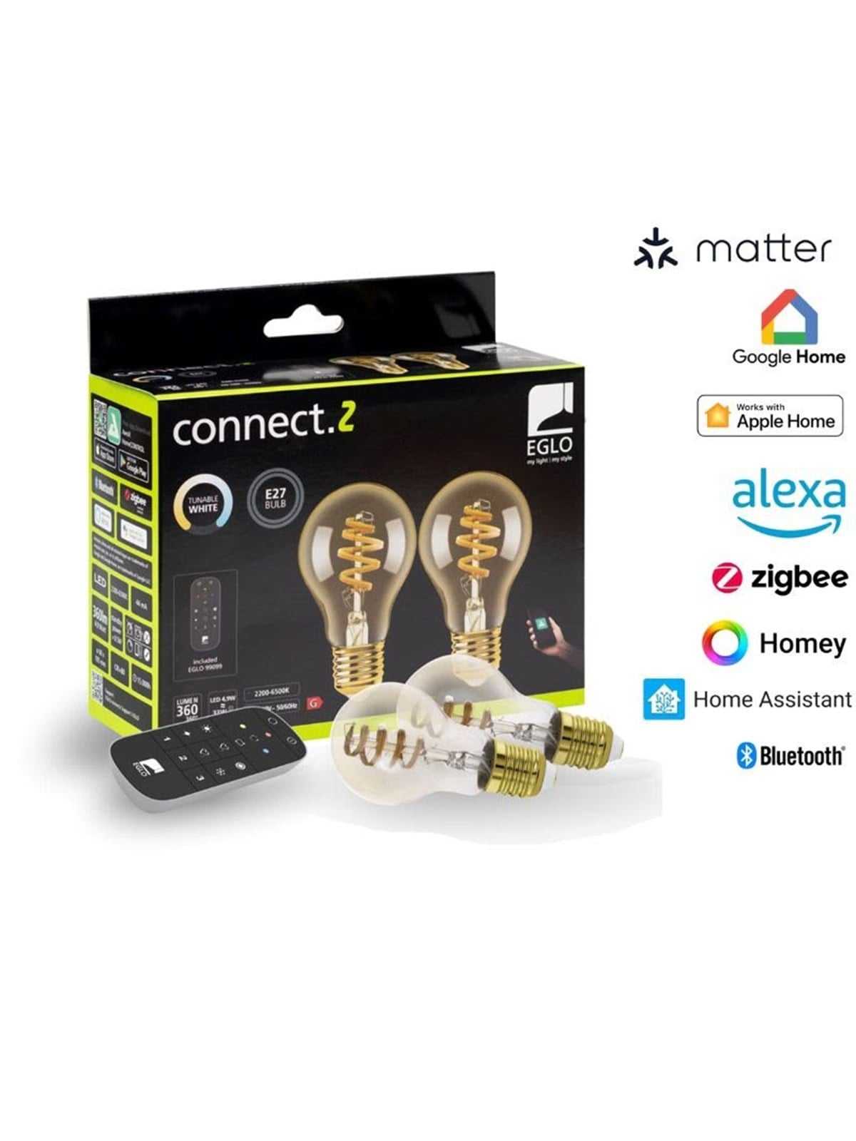Eglo E27 Led-z Matter A60 Spiral Cct 7W 806lm Amber 2-pack W/remote Control - Smart Home - 110401