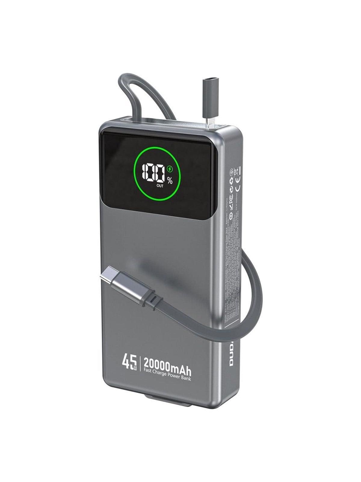 Dudao K31 Pro 45w 20000mah Power Bank With Built-in Retractable Usb-c Cable - Gray Powerbank (Akku) - Grau - 20000 Mah - Powerbank Akku - 