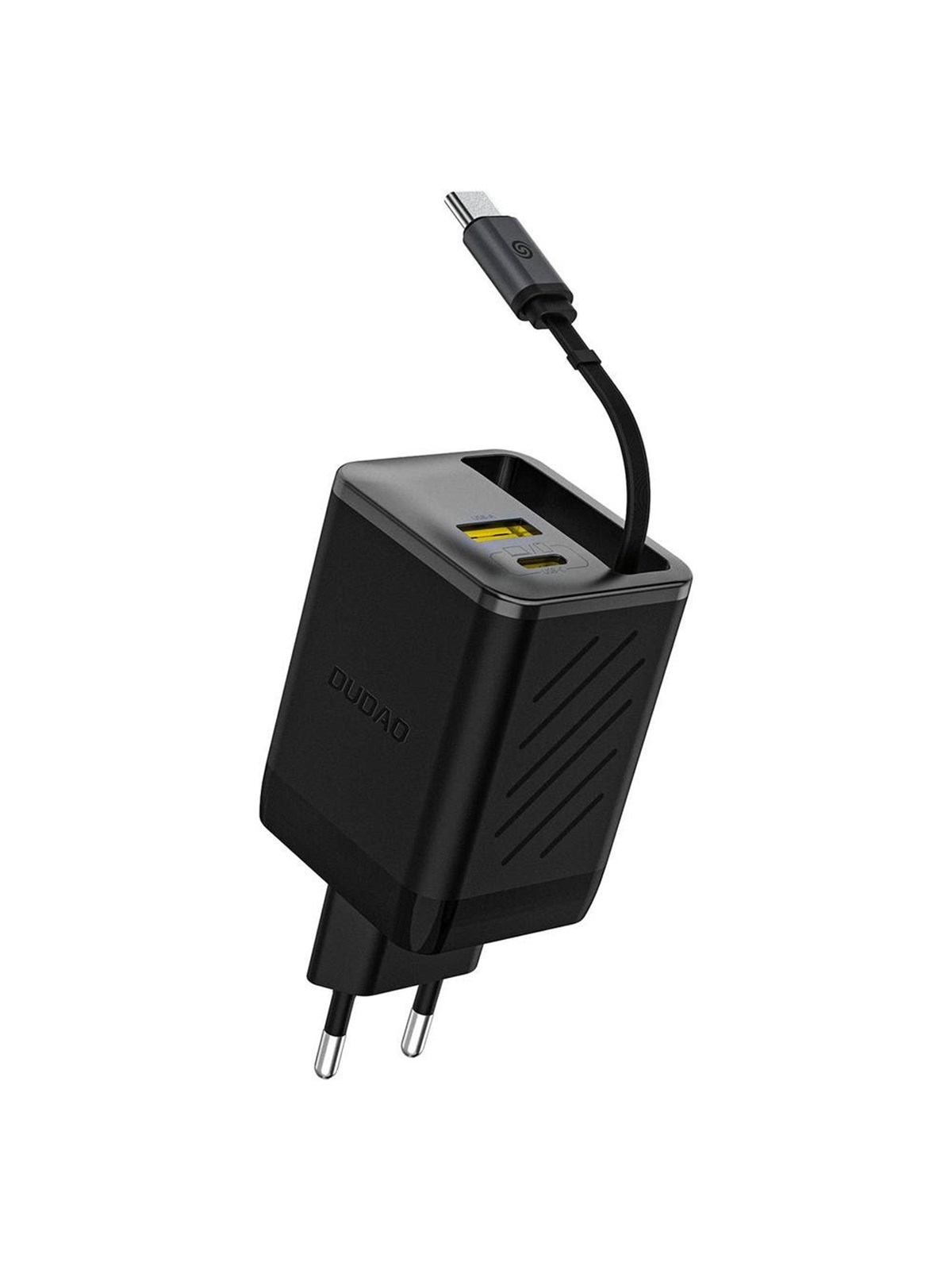 Dudao A67eu Gan 67w Wall Charger With Built-in Retractable Usb-c Power Delivery Quick Charge Cable - Black - Handys Adapter Und Ladegeraete - 