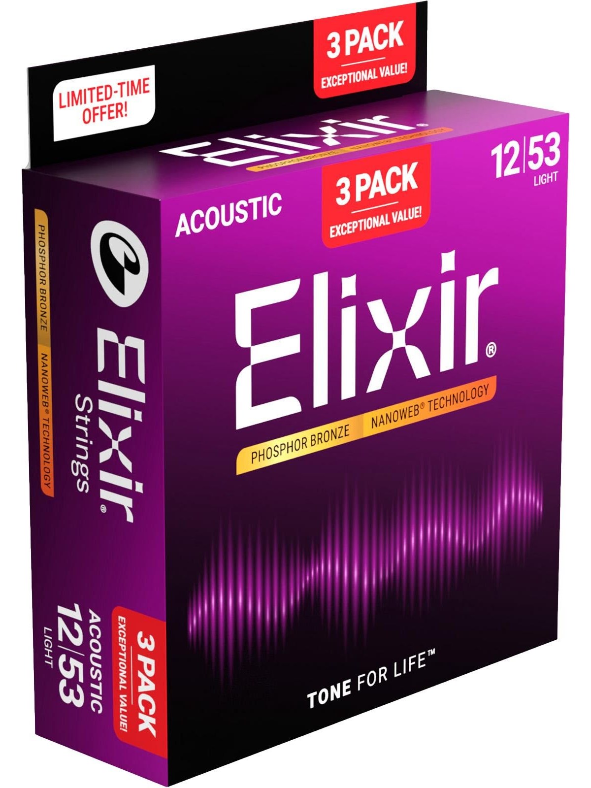 Elixir Strings 16569 - Phosphor Bronze - Akustik-saiten - Nanoweb - Light (12-53) - 3er-pack - Musikinstrumente DJ Ausstattung - Cel 16569