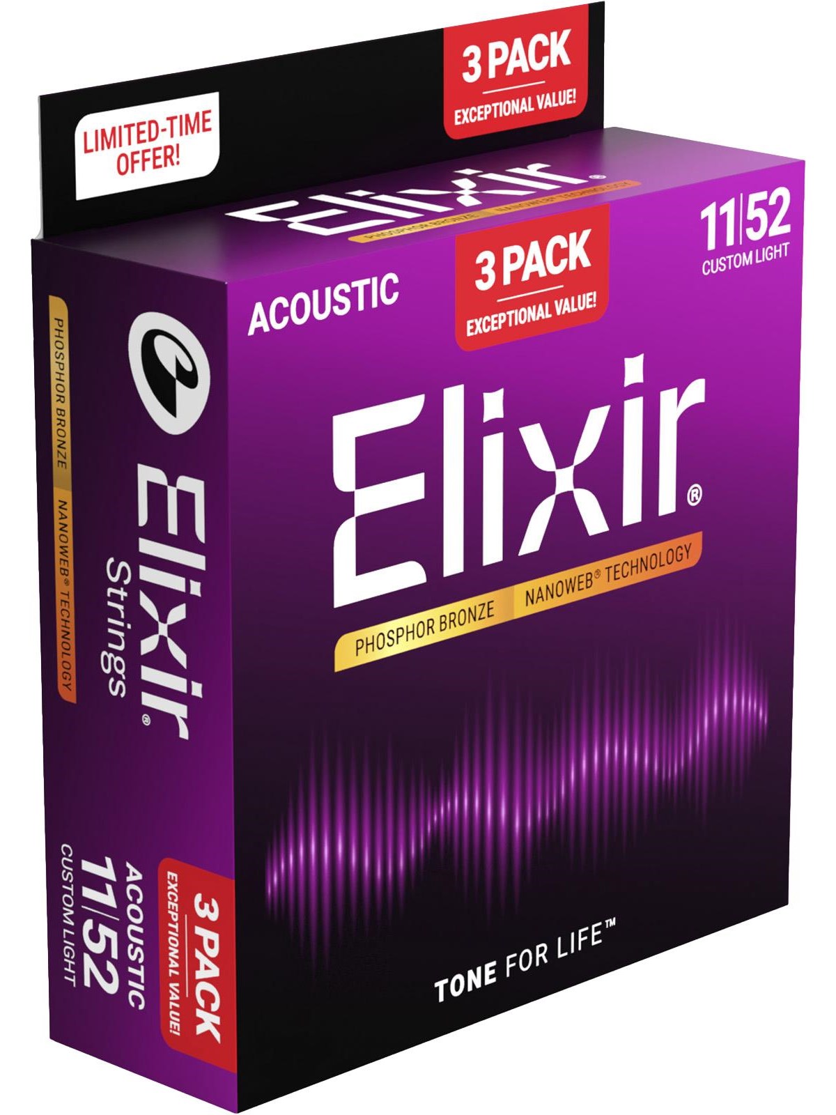 Elixir Strings 16568 - Phosphor Bronze - Akustik-saiten - Nanoweb - Custom Light (11-52) - 3er-pack - Musikinstrumente DJ Ausstattung - Cel 16568