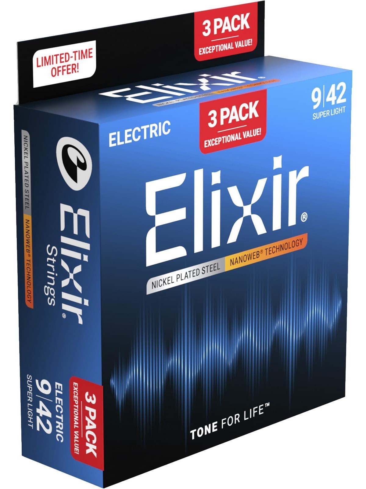 Elixir Strings 16566 - Vernickelter Stahl - E-gitarren-saiten - Nanoweb - Super Light (09-42) - 3er-pack - Musikinstrumente DJ Ausstattung - Cel 16566