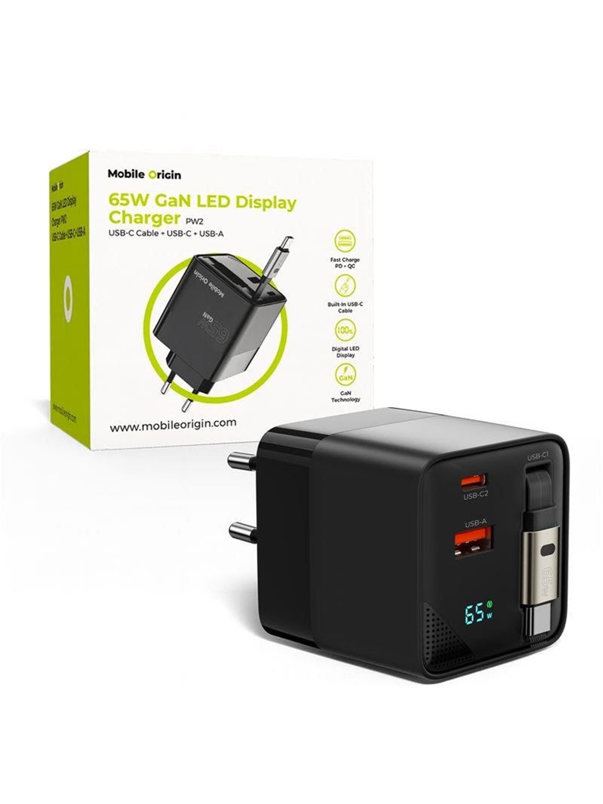 Mobile Origin 65w Gan Display Charger Pw2 - Usb-c Self-retracting Cable + Usb-c + Usb-a - Handys Adapter Und Ladegeraete - Mo-65wdch-pw2