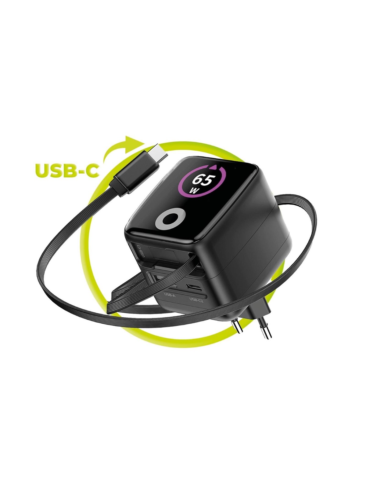 Mobile Origin 65w Gan Display Charger Pw3 - Usb-c Self-retracting Cable + Usb-c + Usb-a - Handys Adapter Und Ladegeraete - Mo-65wdch-pw3