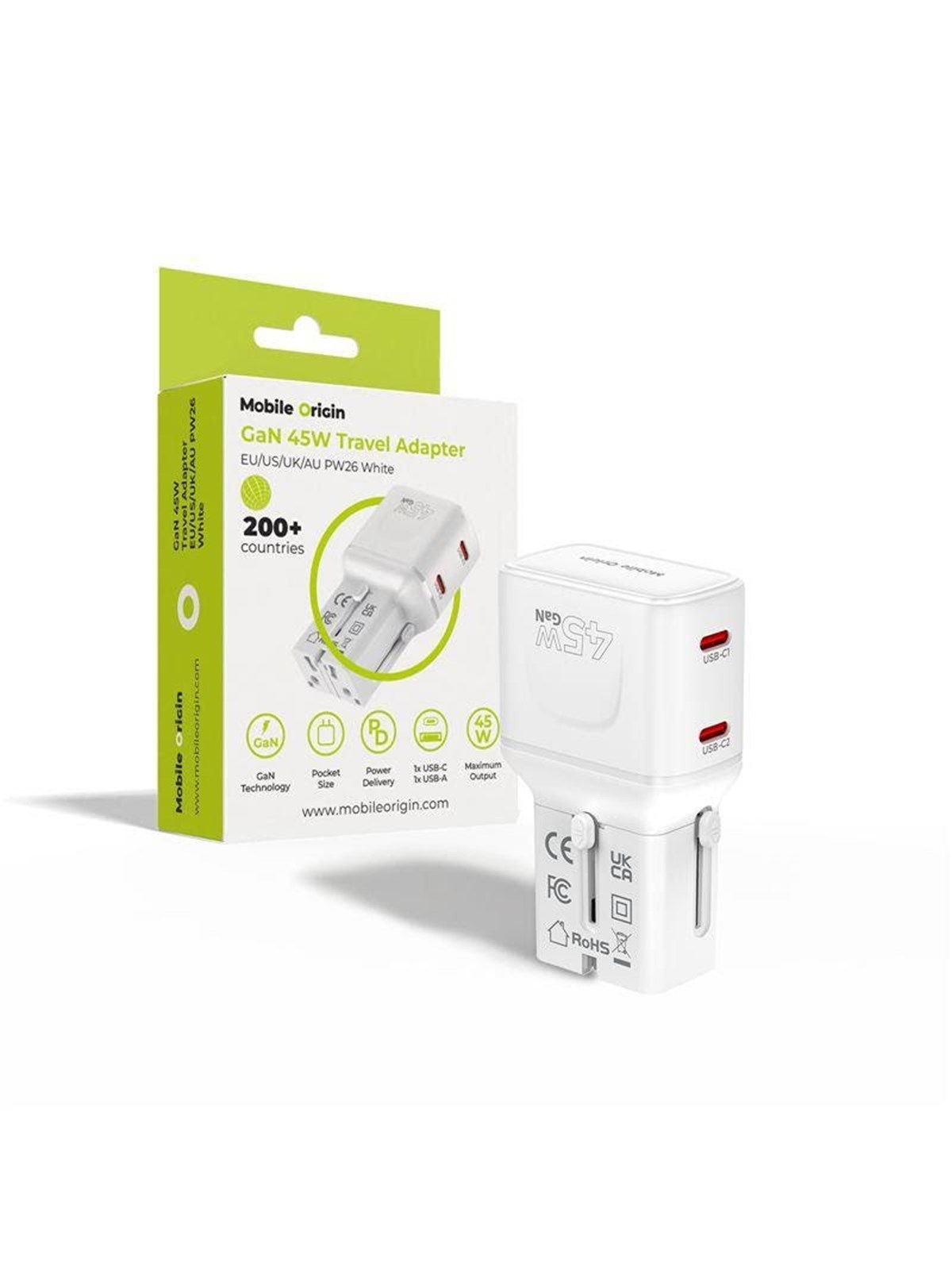 Mobile Origin 45w Travel Adapter - Eu/us/uk/au Pw26 - White - Handys Adapter Und Ladegeraete - Mo-pw26-wht