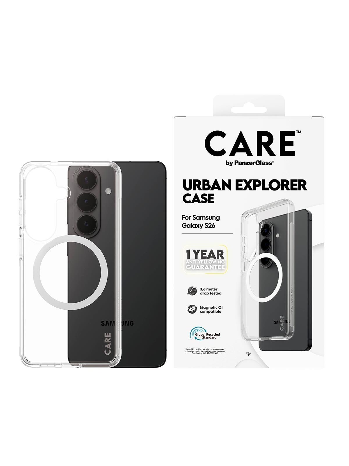 Care by Panzerglass Urban Explorer Case Transparent w. White Qi Samsung Galaxy S26 - Handys Cover Cases - Cr14939