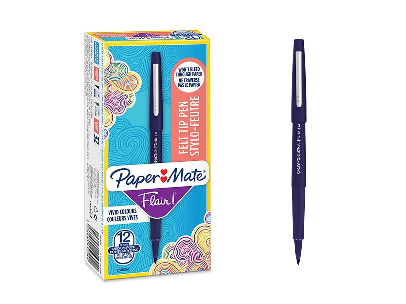 Paper Mate Flair Filzstifte – 12 Stück, Mittlere Spitze (0,7mm), Blaue Tinte, Wasserbasiert