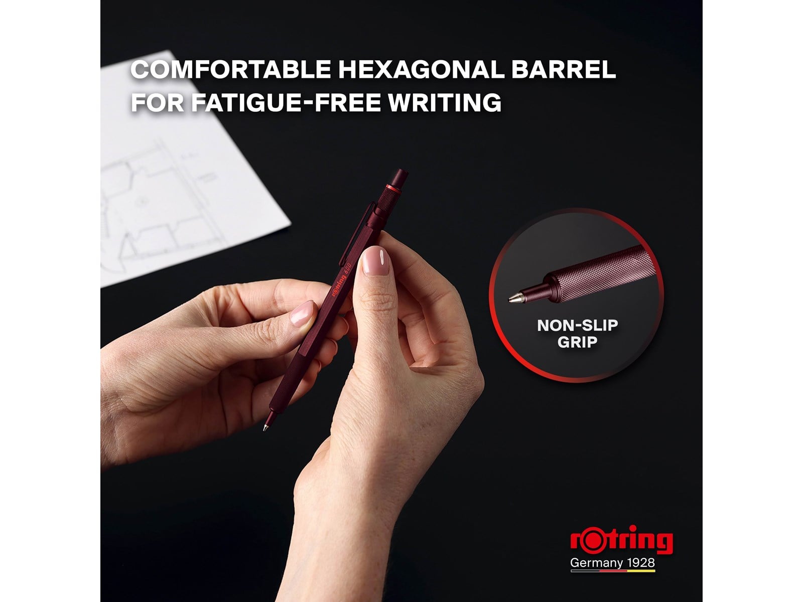 ROtring 600 Gel Pen - 0.55mm Black Ink, Silver Metal Body With Knurled Grip, Refillable