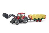 Spielzeugauto - Bruder Case IH Optum 300 CVX with frontloader with bale transport trailer with 8 round bales - BR3198