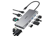 Dockingstationen - Aukey Aluminum USB-C Hub | 10 in 1 | RJ45 Ethernet 10/100/1000Mbps | 4xUSB | HDMI 4k@30Hz | SD and microSD | USB-C Power Delivery 100W - CB-C89