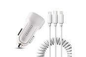 Handys - Adapter und Ladegeräte - Dudao car kit charger 2x USB 2.4A + cable USB 3in1 Lightning / Type C / micro USB cable white (R7 white) - 6970379614556