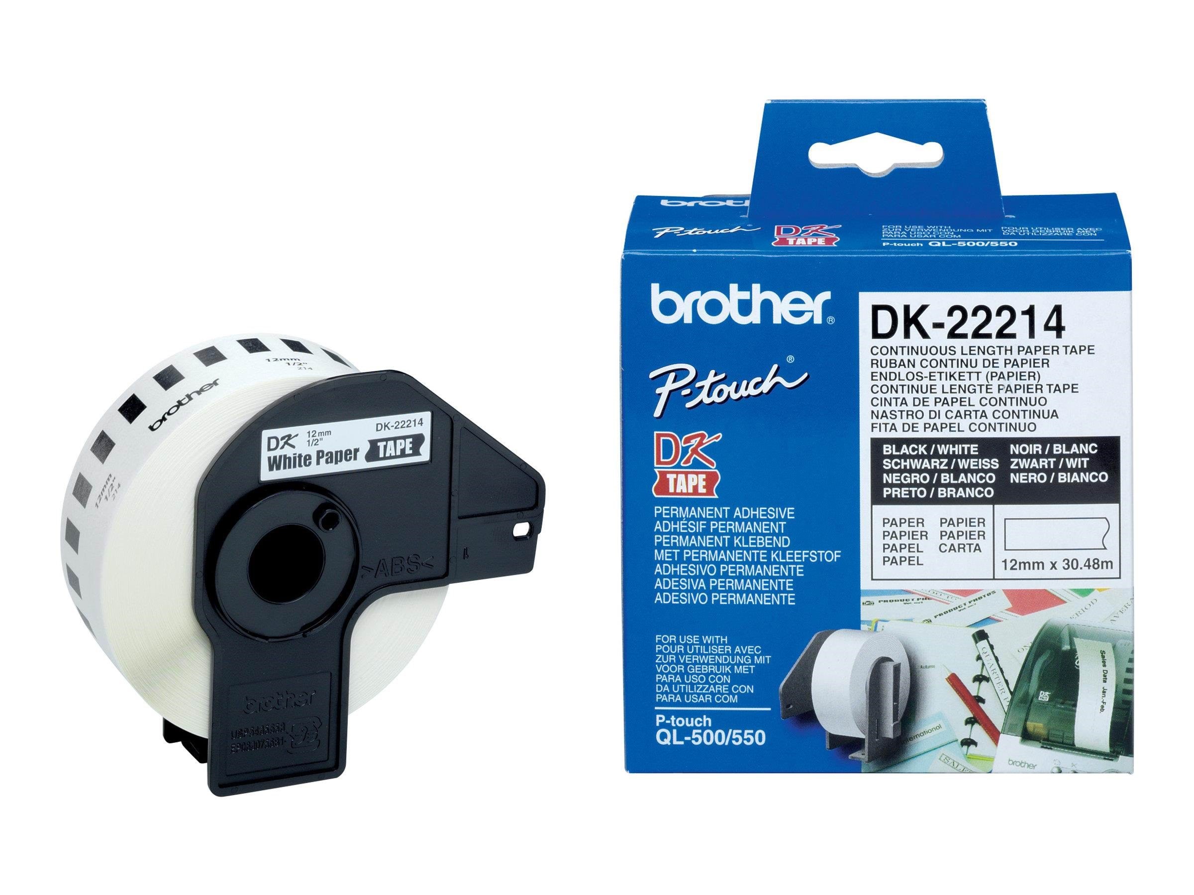 Brother Dk-22214 Continuous Paper Label Roll - Black on White 12mm Wide - Papier Fotopapier Und Etiketten