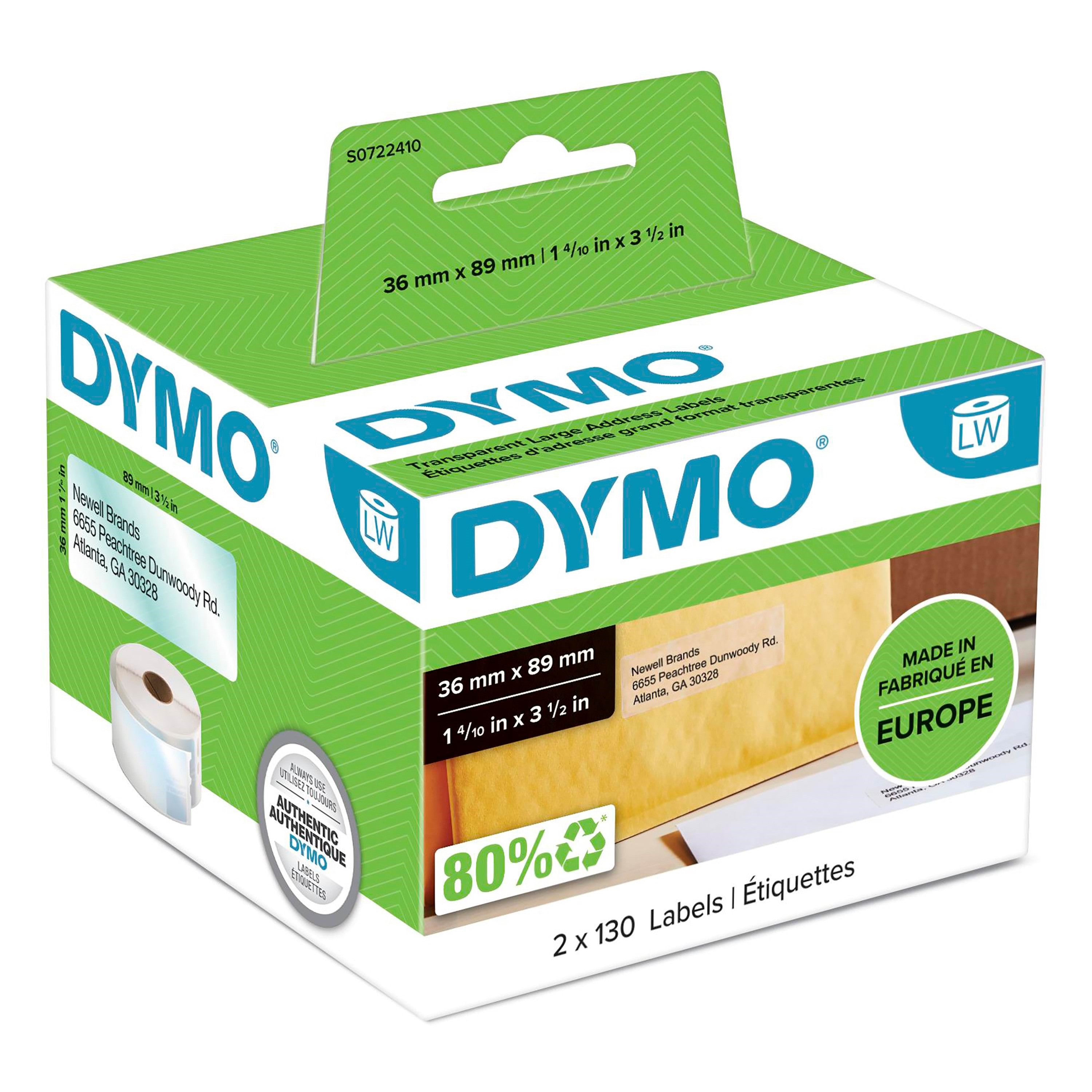 Dymo Labelwriter Adressetiketten | 36mm x 89mm | Schwarz Auf Transparent | 2rollen Mit je 130leicht Ablösbaren Etiketten (260etiketten) - Papier 