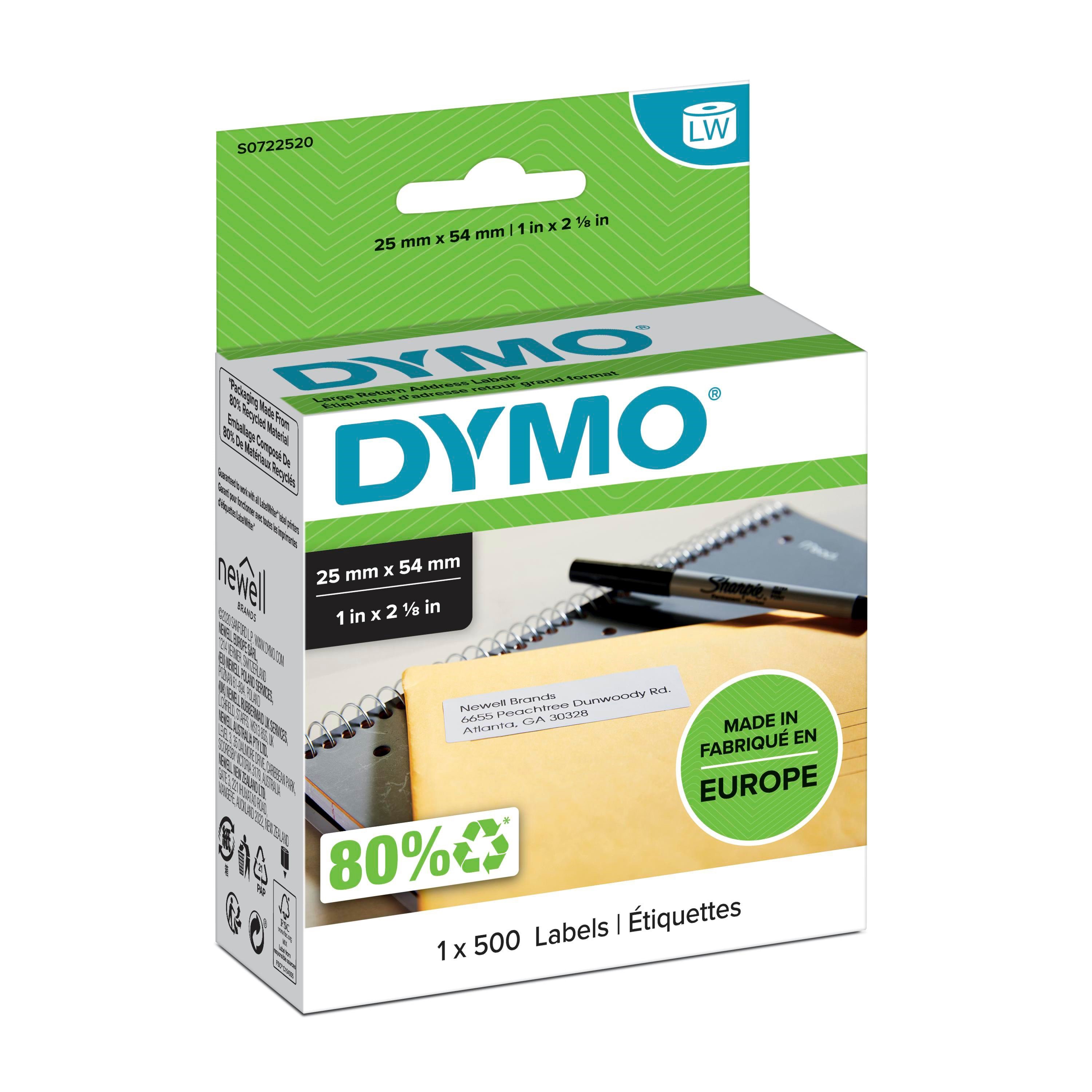 Dymo Labelwriter Rücksendeadressetiketten | 25mm x 54mm | Rolle Mit 500leicht Ablösbaren Etiketten | Selbstklebend - Papier Fotopapier Und Etiketten 