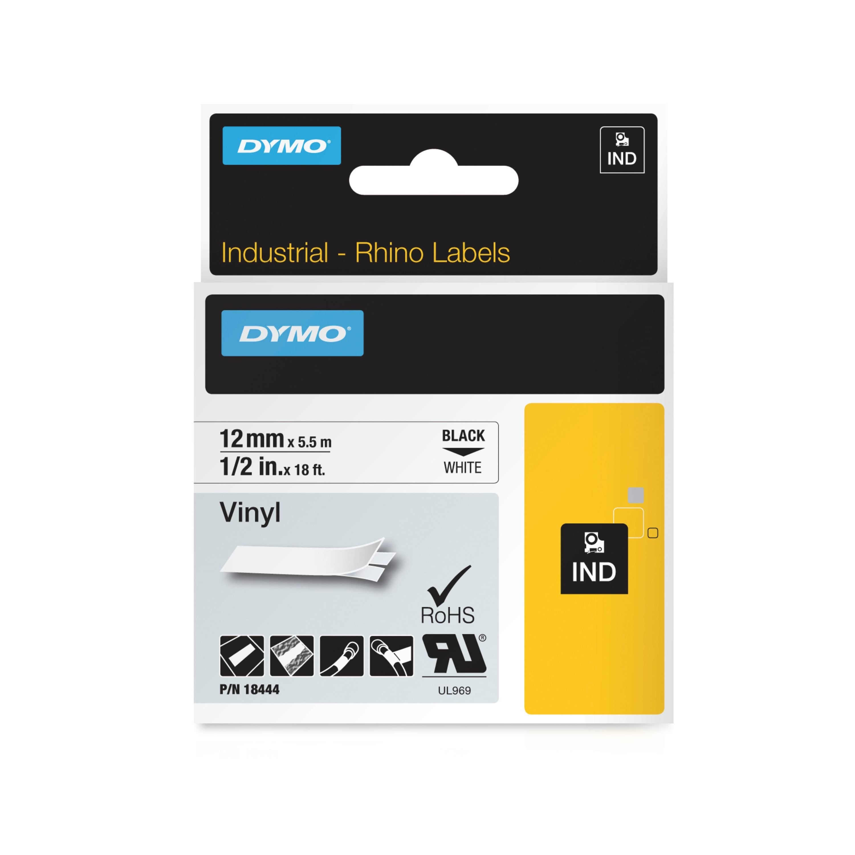 Dymo Rhino-industrie-vinyletiketten | 12mmx5,5m | Schwarz Auf Weiß | Selbstklebendes Schriftband - Papier Fotopapier Und Etiketten