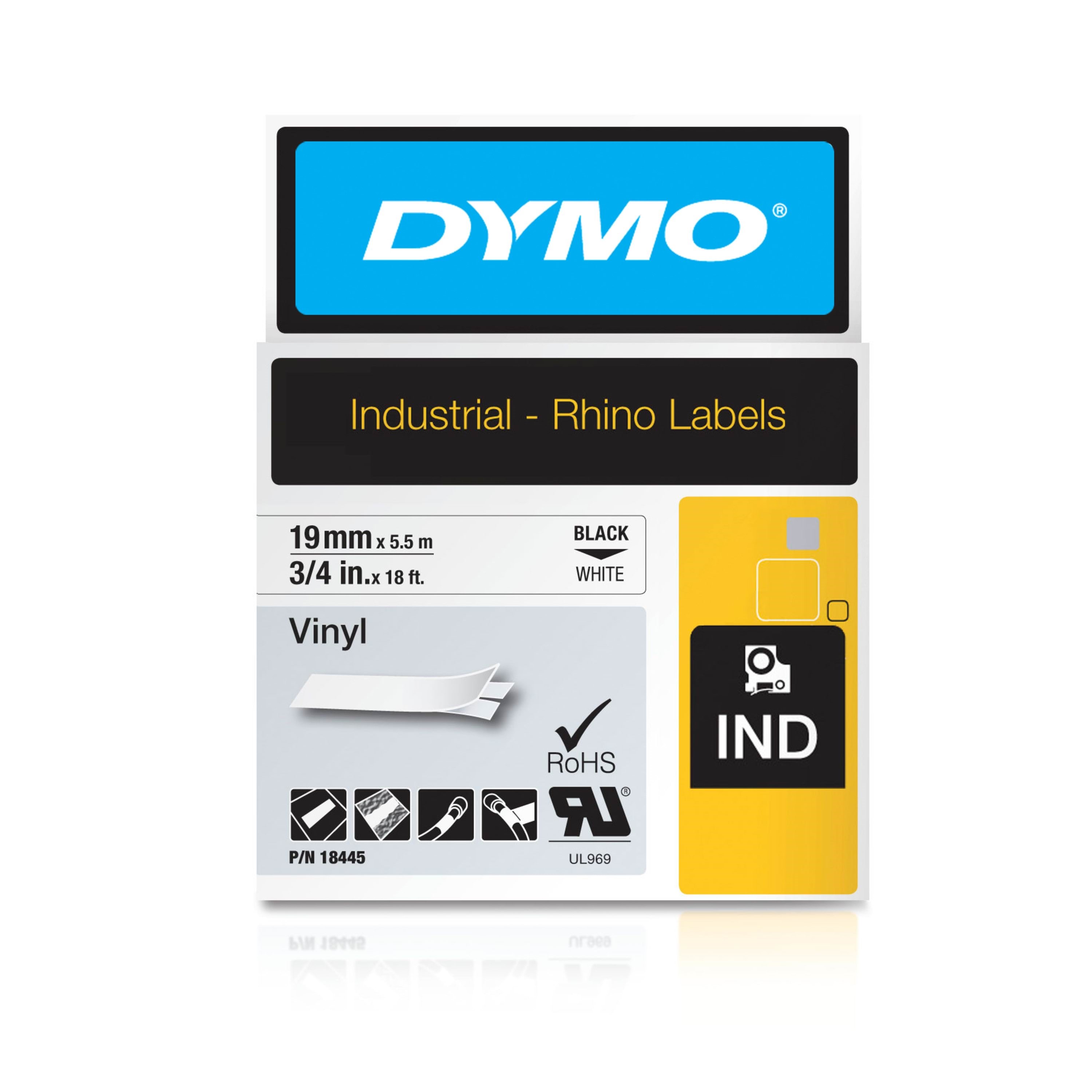 Dymo Rhino-industrie-vinyletiketten | 19mmx5,5m | Schwarz Auf Weiß | Selbstklebendes Schriftband - Papier Fotopapier Und Etiketten