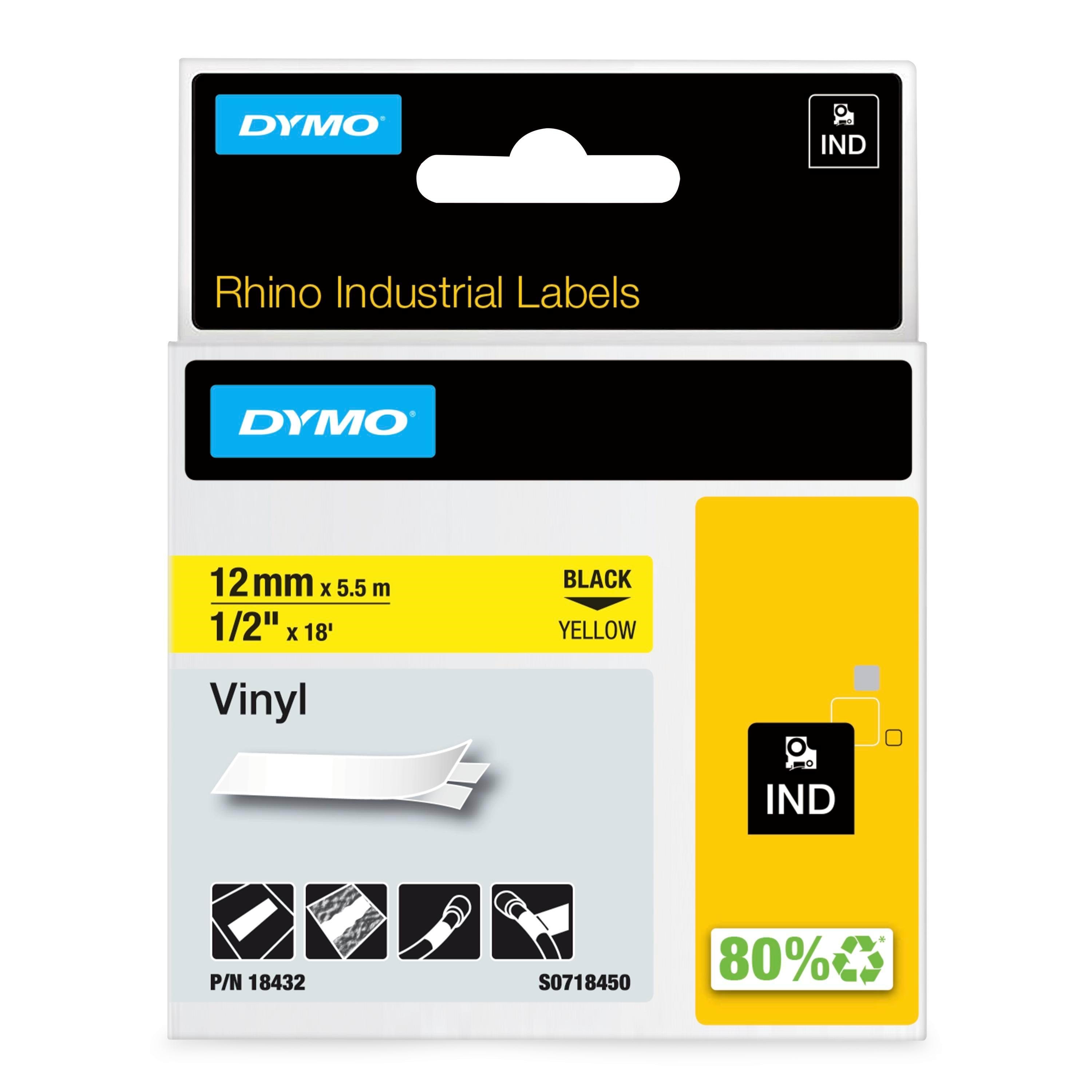 Dymo Rhino-industrie-vinyletiketten | 12mmx5,5m | Schwarz Auf Gelb | Selbstklebend - Papier Fotopapier Und Etiketten 18432