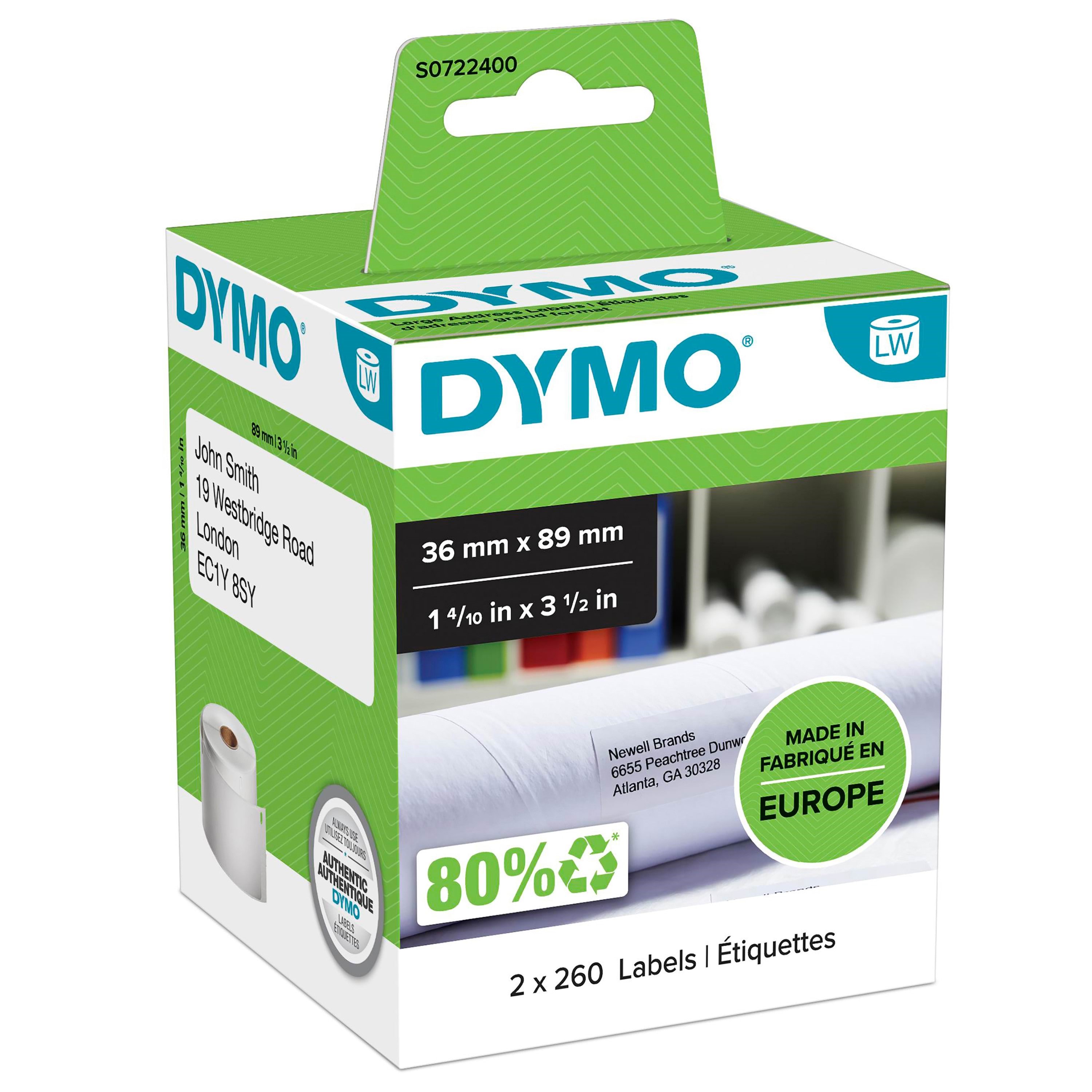 Dymo Labelwriter Adressetiketten (Groß) | 36 mm x 89 mm | Schwarzer Druck Auf Weißem Untergrund | 2 Rollen Mit je 260 Etiketten (520 Stück) | 