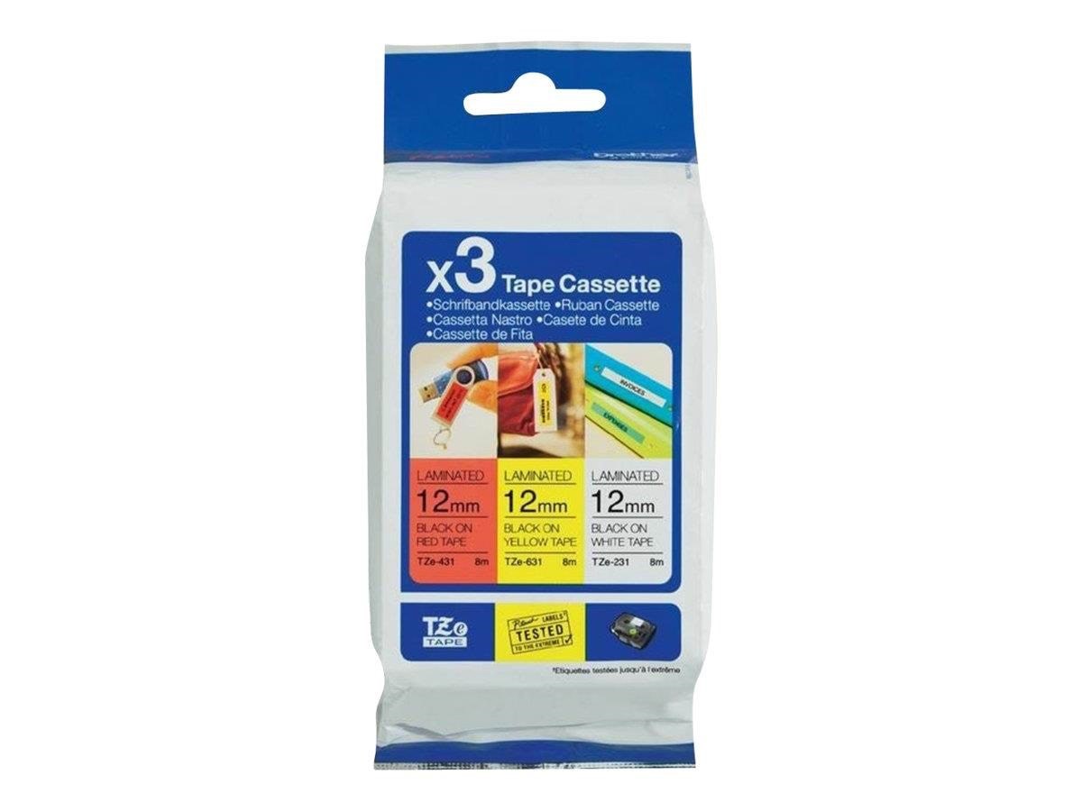 Brother Tze 31m3 - 3-pack 1x Black on Red 1x Black on White And 1x Black on Yellow Laminated Tape (12mm x 8m) - Papier Fotopapier Und Etiketten