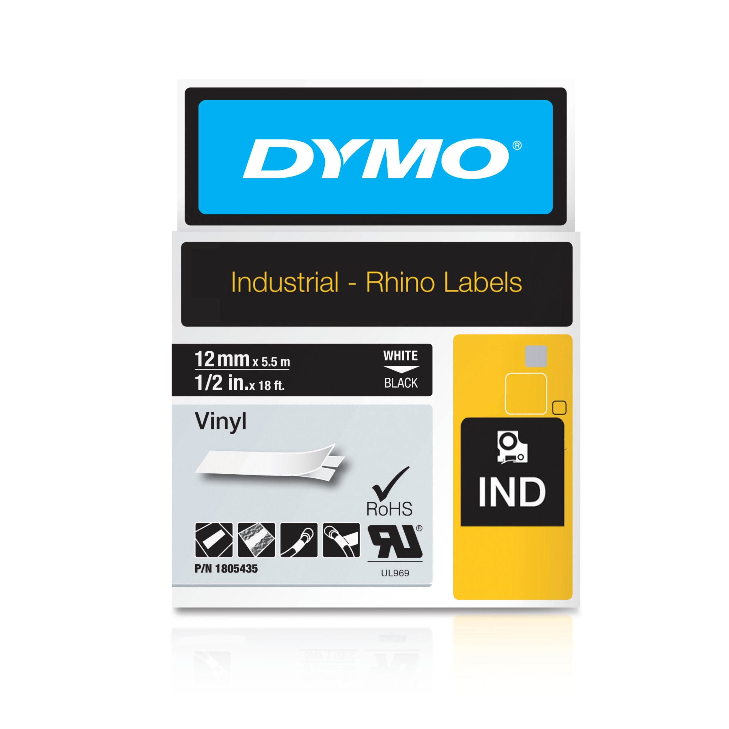 Dymo Rhino-industrie-vinyletiketten | 12 mm x 5,5 m | Weiß Auf Schwarz | Selbstklebendes Schriftband - Papier Fotopapier Und Etiketten