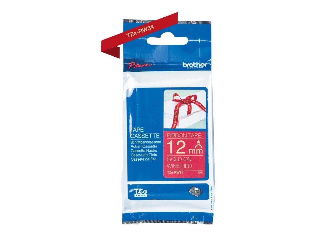 Brother Tze Rw34 Textile Tape Gold/red 12mm/4m - Papier Fotopapier Und Etiketten Tzerw34