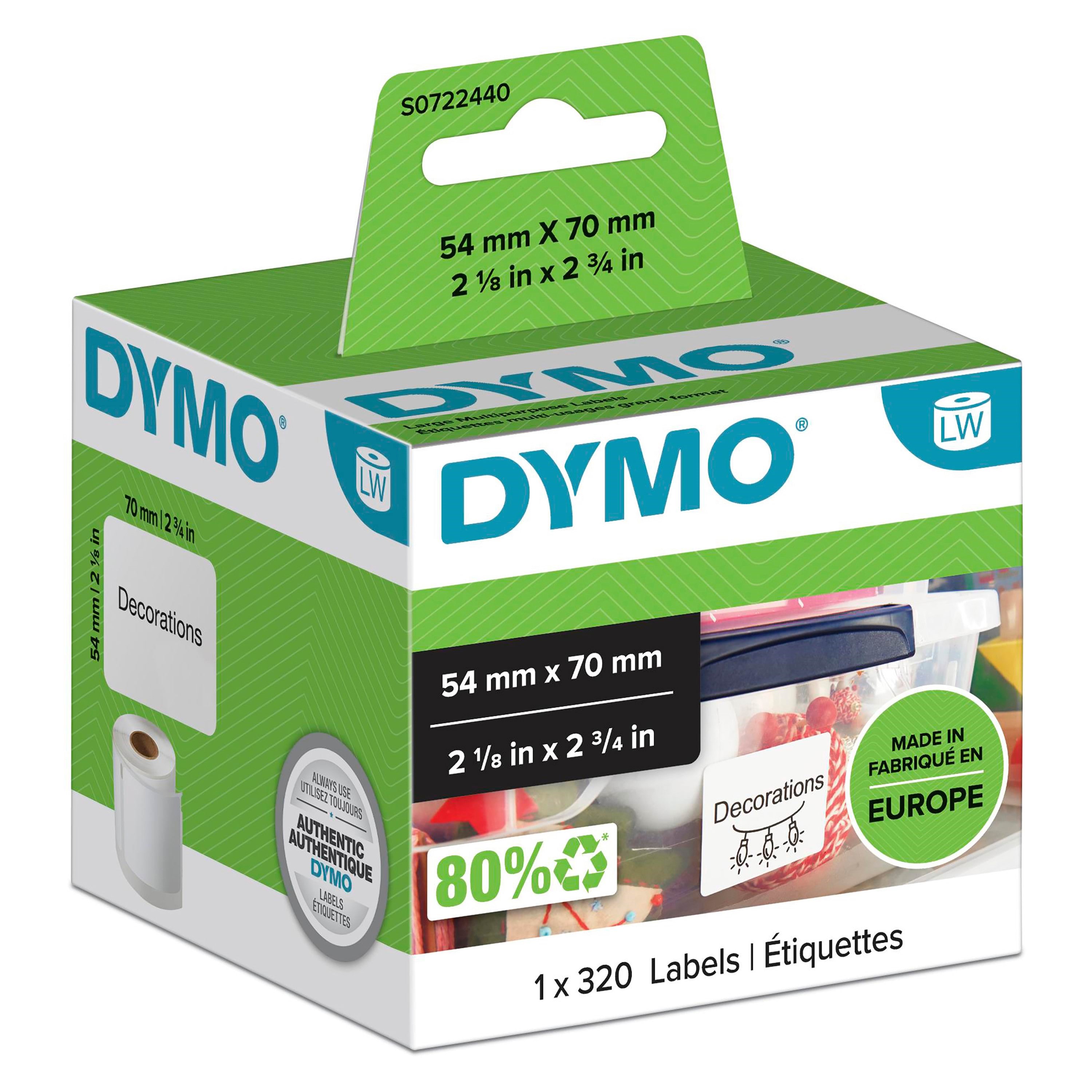 Dymo Labelwriter Mehrzwecketiketten | 54mm x 70mm | Rolle Mit 320leicht Ablösbaren Etiketten | Selbstklebend - Papier Fotopapier Und Etiketten