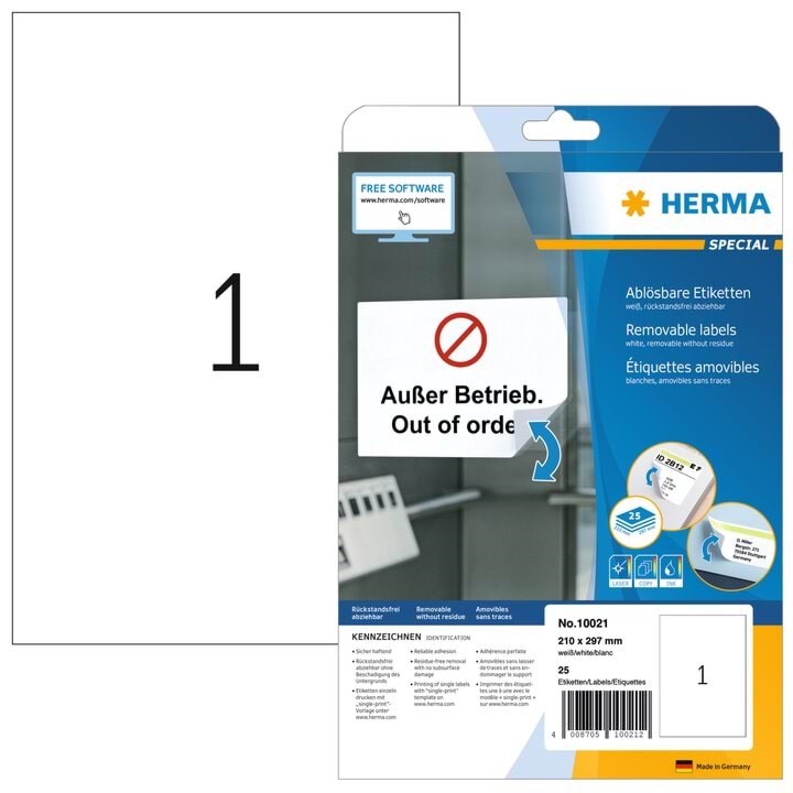 Herma Ablösbare Etiketten A4, 210 x 297 mm, Weiß - Papier Fotopapier Und Etiketten 10021