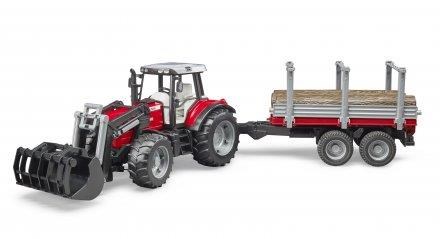 Bruder Massey Ferguson 7480 Tractor With Frontloader And Timber Trailer Toy - Spielzeugauto