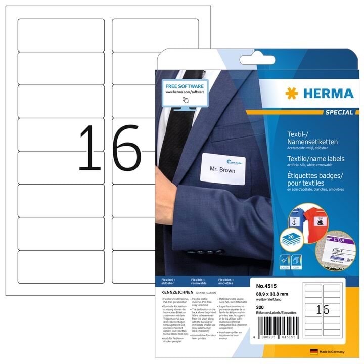 Herma Namensetiketten, Ablösbar, A4, 88,9 x 33,8 mm, Weiß, Aus Acetatseide, Bedruckbar - Papier Fotopapier Und Etiketten