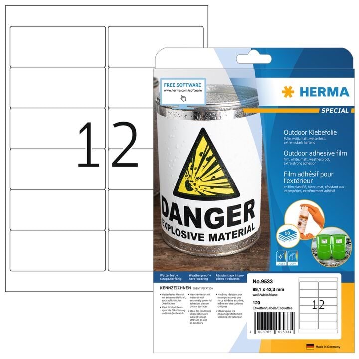 Herma Wetterfeste Outdoor-folienetiketten A4, 99,1 x 42,3 mm, Weiß, Extrem Stark Haftend, Dehnfähig - Papier Fotopapier Und Etiketten