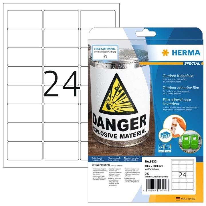Herma Wetterfeste Outdoor-folienetiketten A4, 63,5 x 33,9 mm, Weiß, Extrem Stark Haftend, Dehnfähig - Papier Fotopapier Und Etiketten