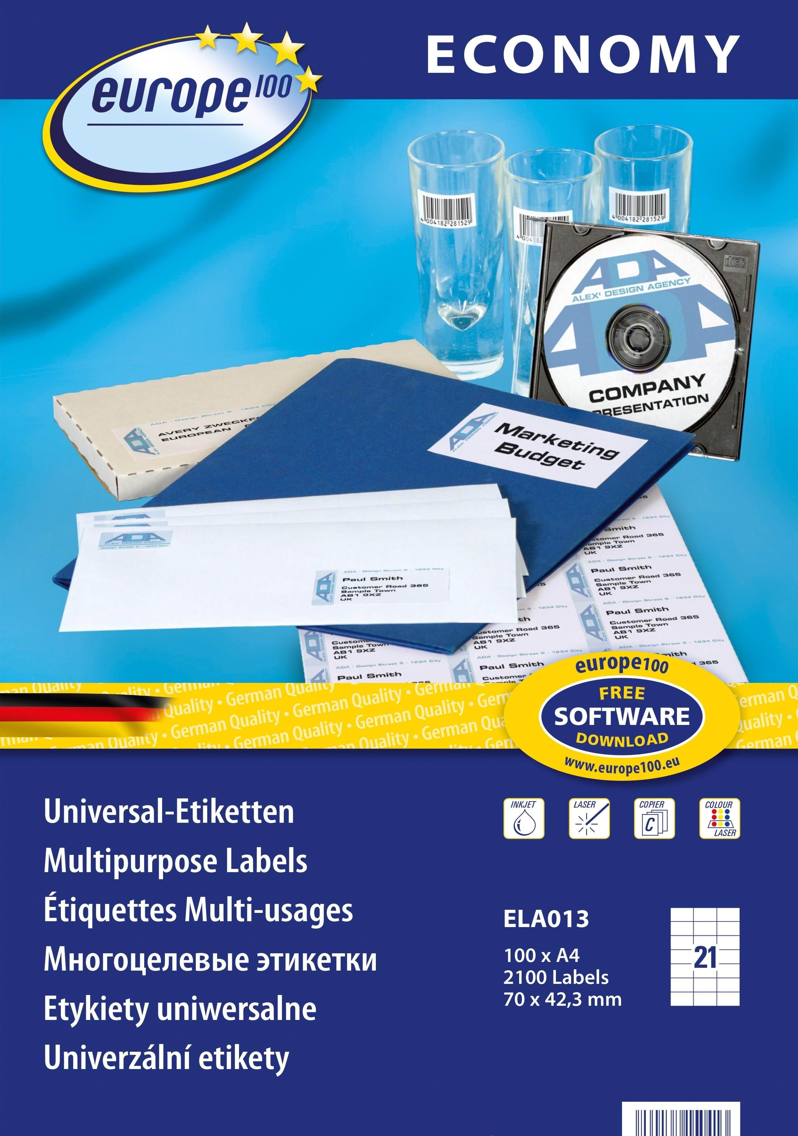 Avery Europe 100 Universal Etiket 70x42.3mm (2100) - Druckerzubehoer Tinte Toner Ela013