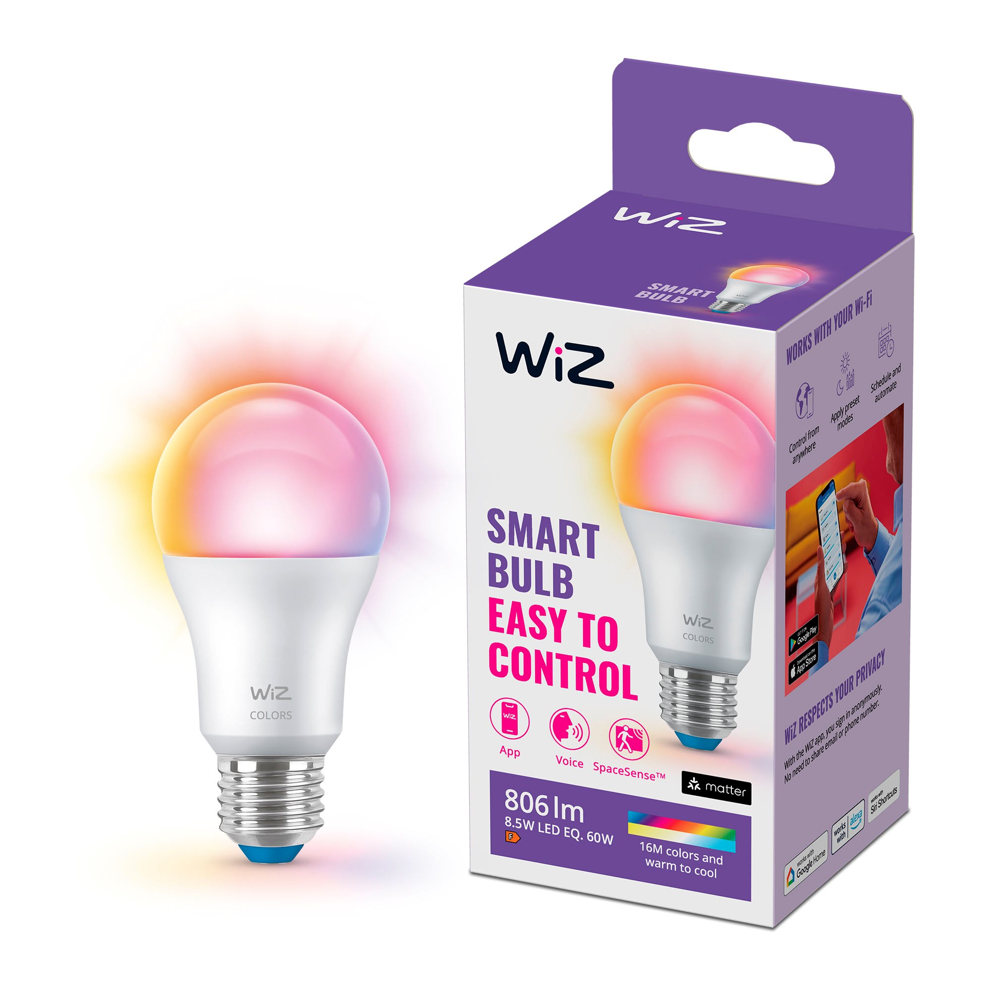 Wiz Color A60 E27 Smart Bulb - Rgb/16 Million Colors + Dimmable White Led - Smart Home 929003601001