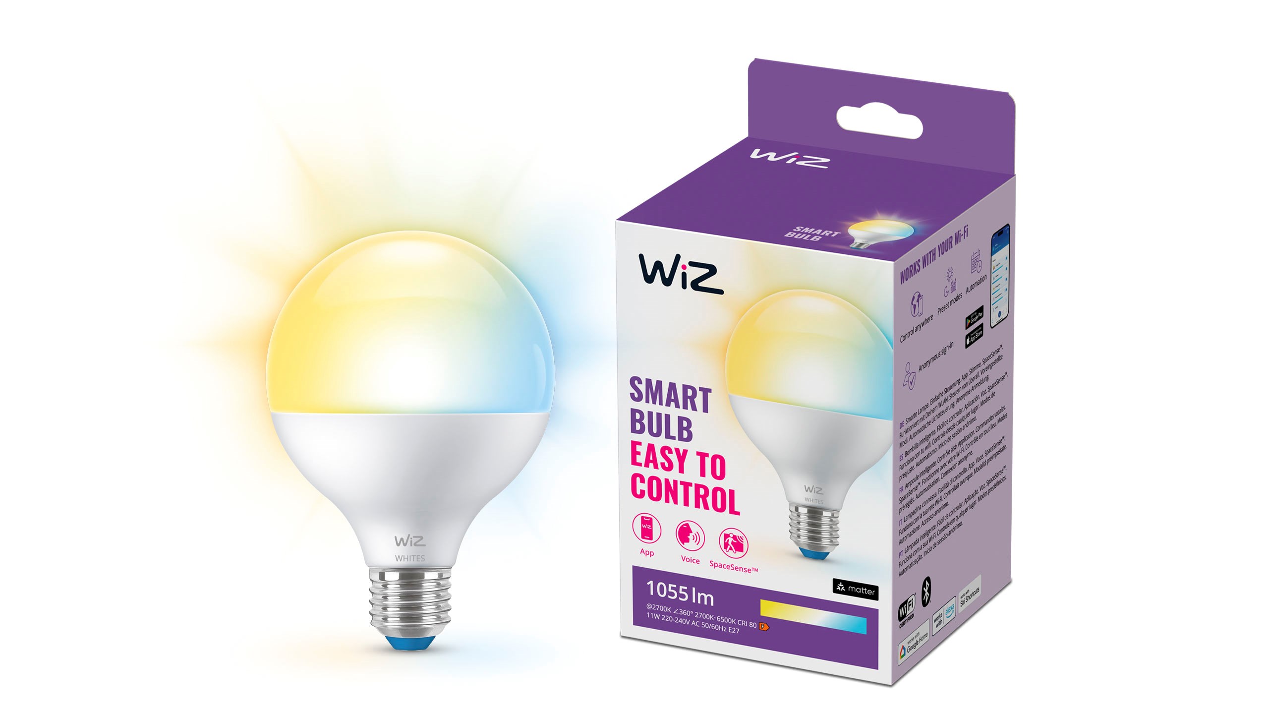 Wiz Tunable G95 E27 Smart Globe Bulb - Dimmable Warm-to-cold White - Smart Home