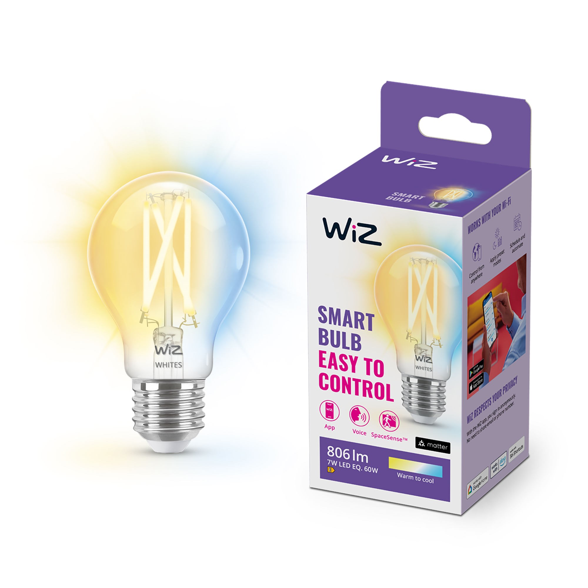 Wiz Tunable A60 E27 Smart Filament Bulb - Dimmable Warm-to-cold White Led - Smart Home