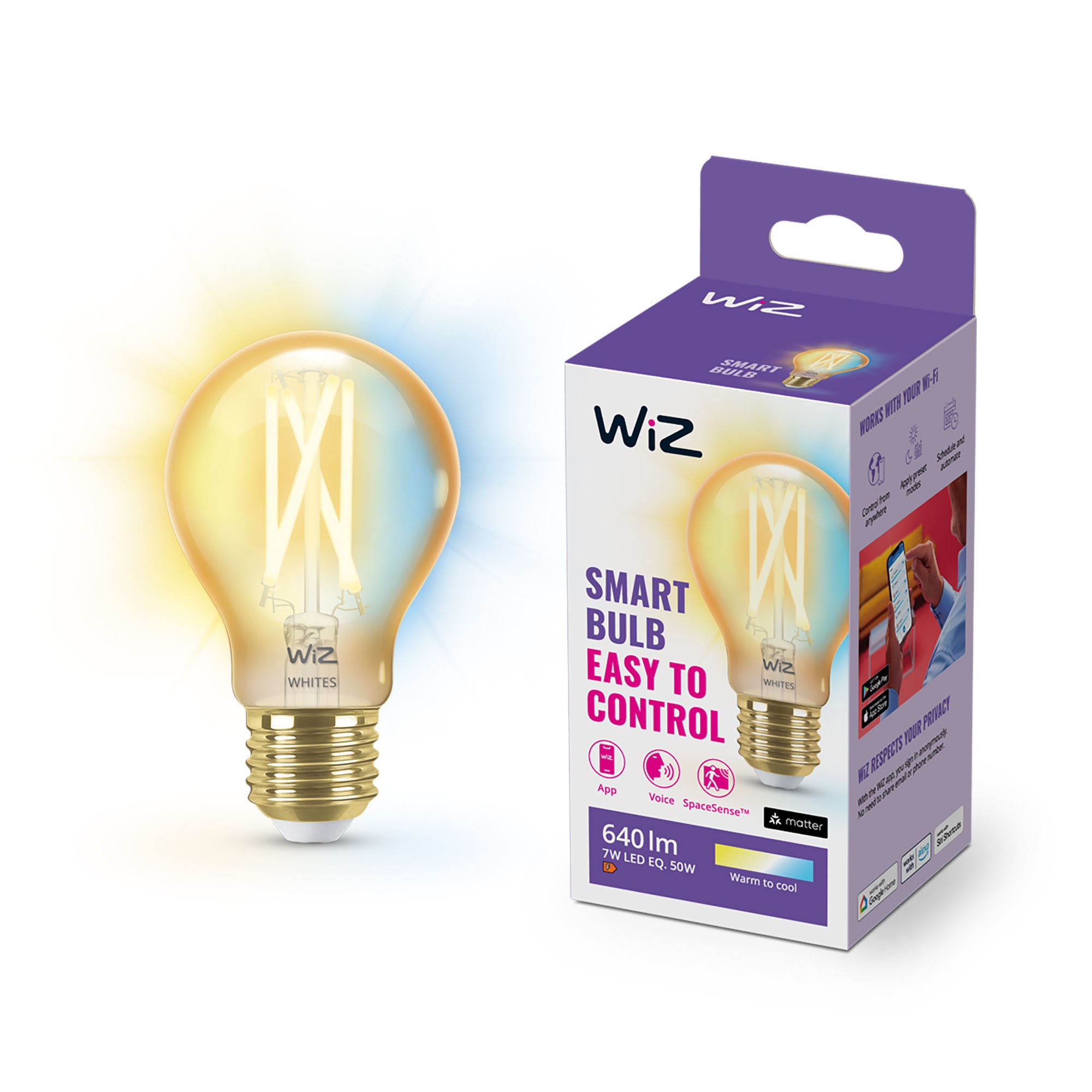 Wiz Tunable A60 E27 Amber Smart Filament Bulb - Dimmable Warm-to-cold White Led - Smart Home