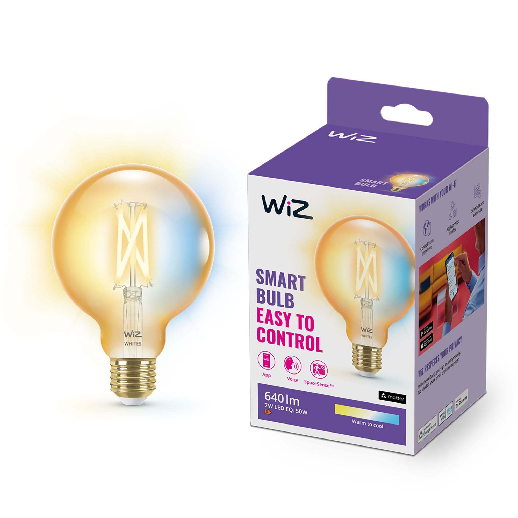 Wiz Tunable G95 E27 Amber Smart Filament Bulb - Dimmable Warm-to-cold White Led - Smart Home 929003018322