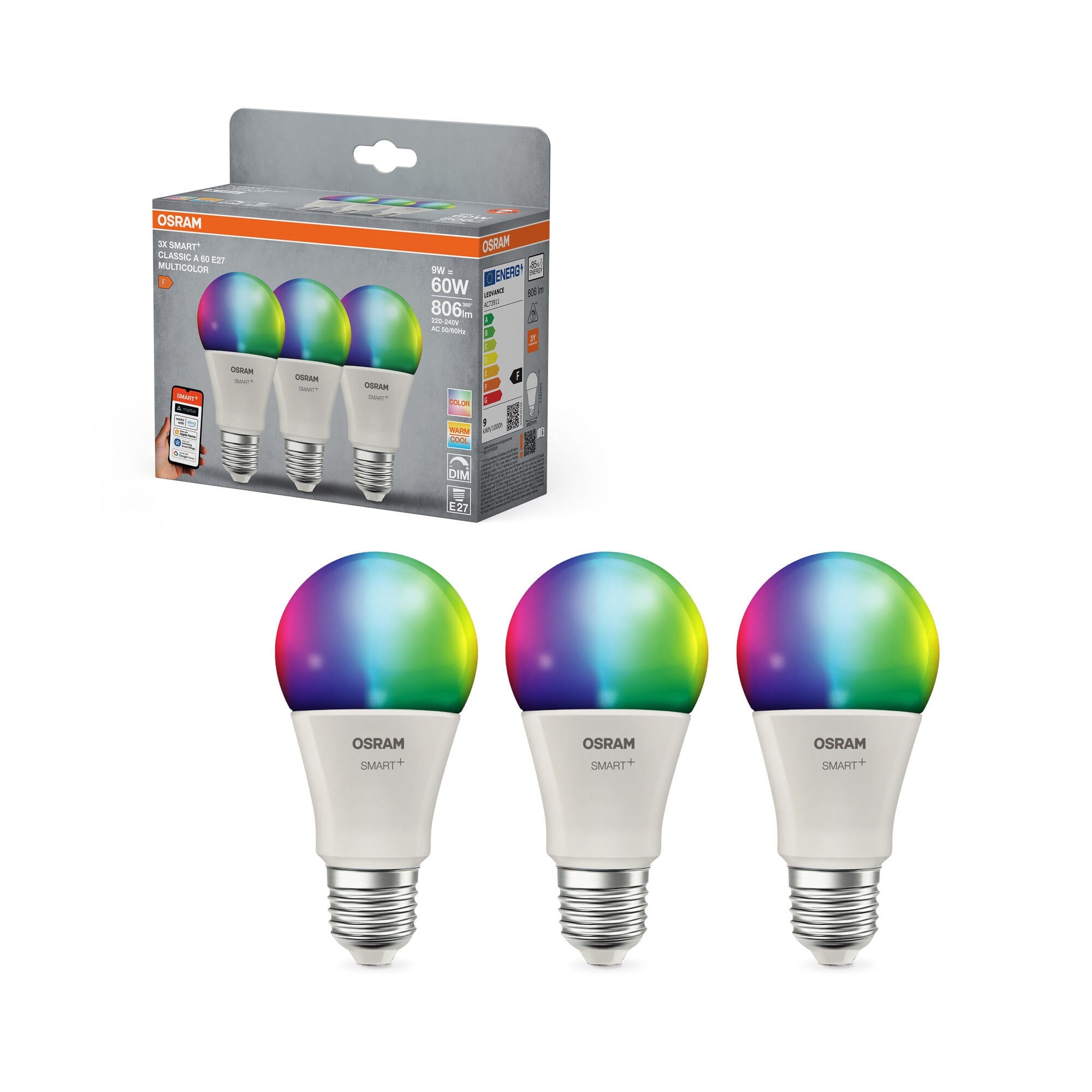 Osram Smart + Frosted Standard 9w/rgbw (60w) Frosted E27 3-pack - Smart Home