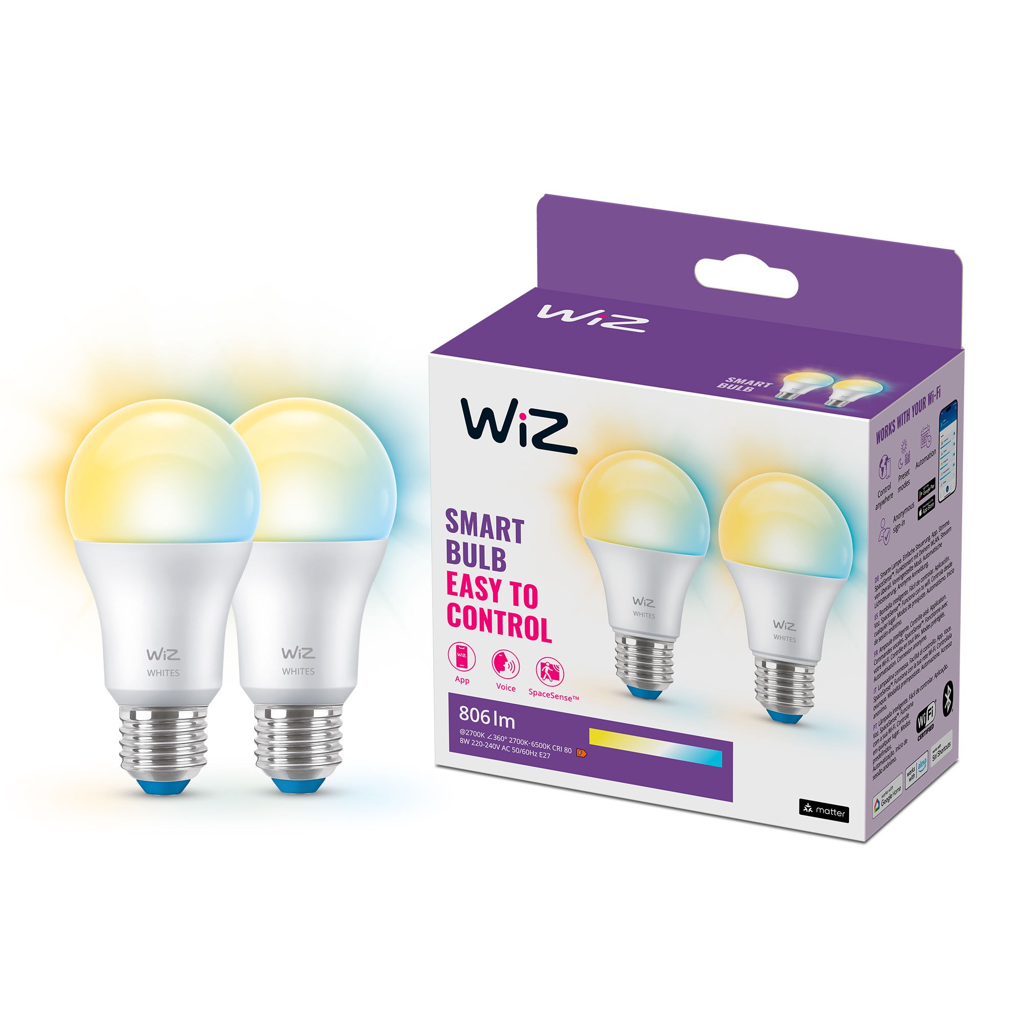 Wiz Lampe A60 E27 Einstellbares Weiß - Doppelpack - Smart Home 929003781942
