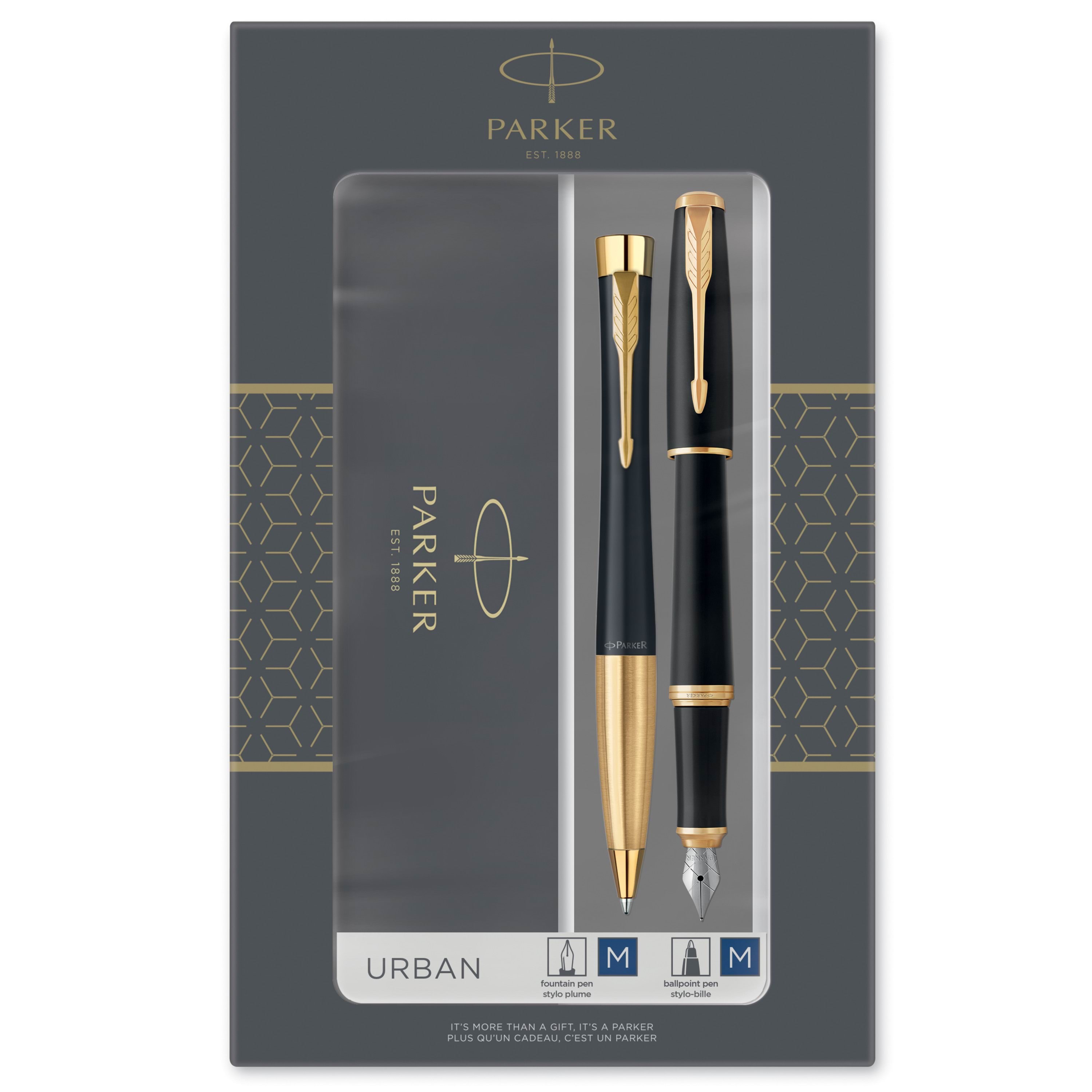 Parker Urban Duo-geschenkset Mit Kugelschreiber Und Füller | Schwarz-goldene Zierteile | Nachfüllmine Und -Patronen Mit Blauer Tinte | Geschenkbox - 