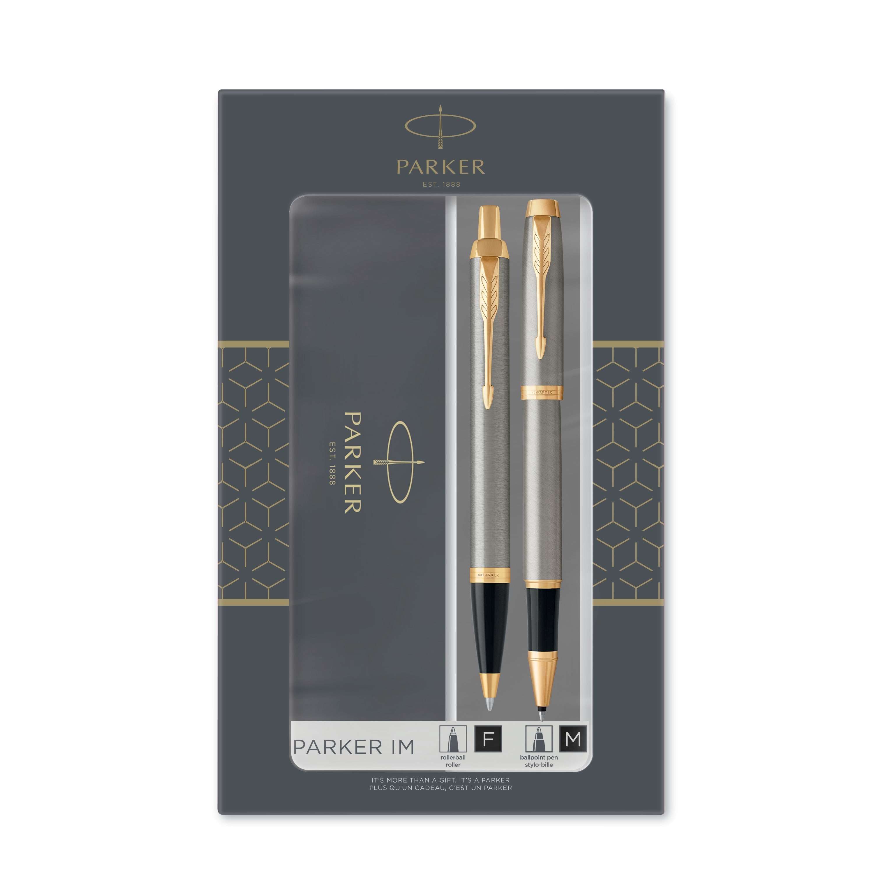 Parker IM Duo-geschenkset Mit Kugelschreiber & Tintenroller | Brushed Metal Mit Goldzierteilen | Nachfüllen Schwarz | Geschenkbox - Utensilien Zum 