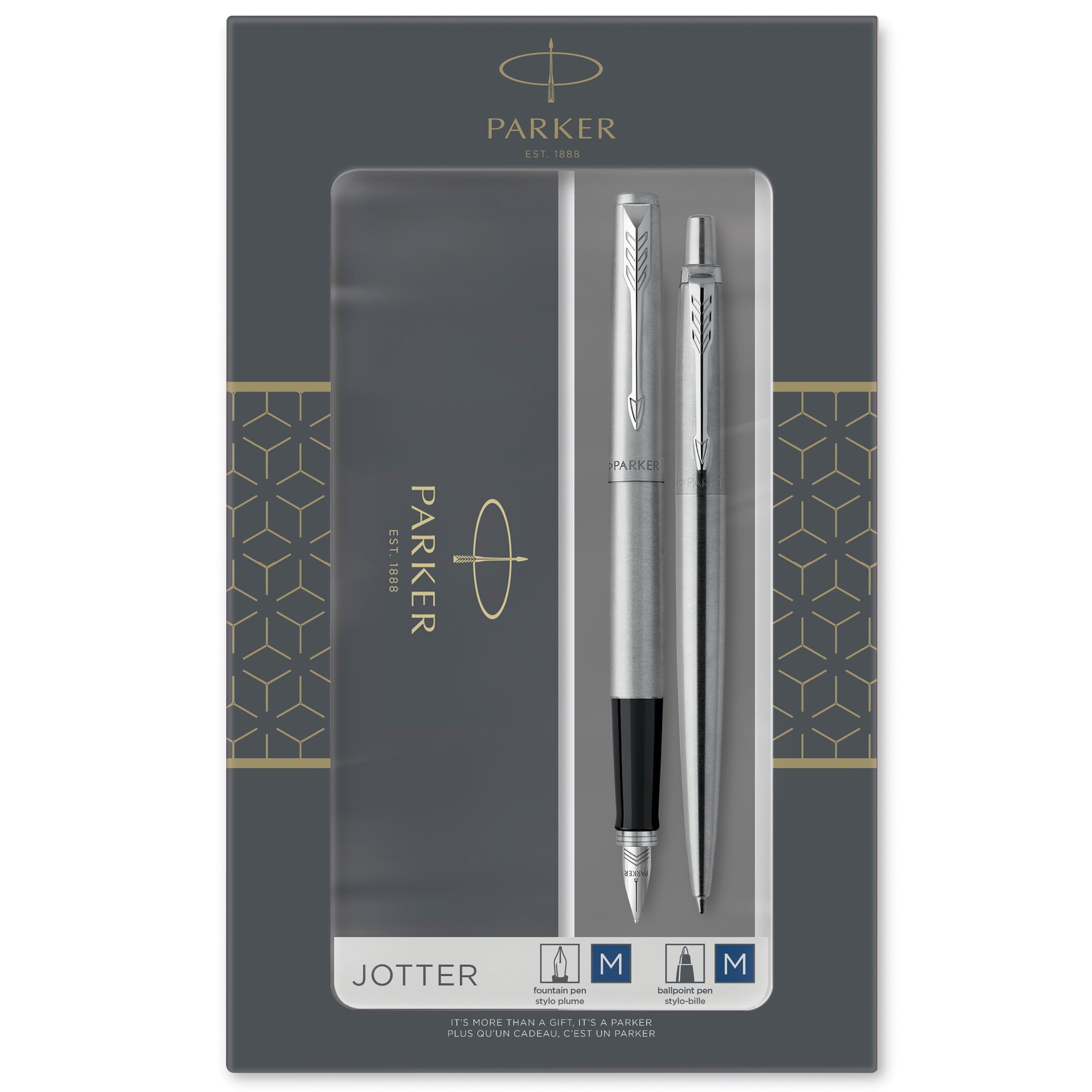 Parker Jotter Duo-geschenkset Mit Kugelschreiber Und Füller | Edelstahl Mit Chromzierteilen | Nachfüllmine Und -Patronen Mit Blauer Tinte | 
