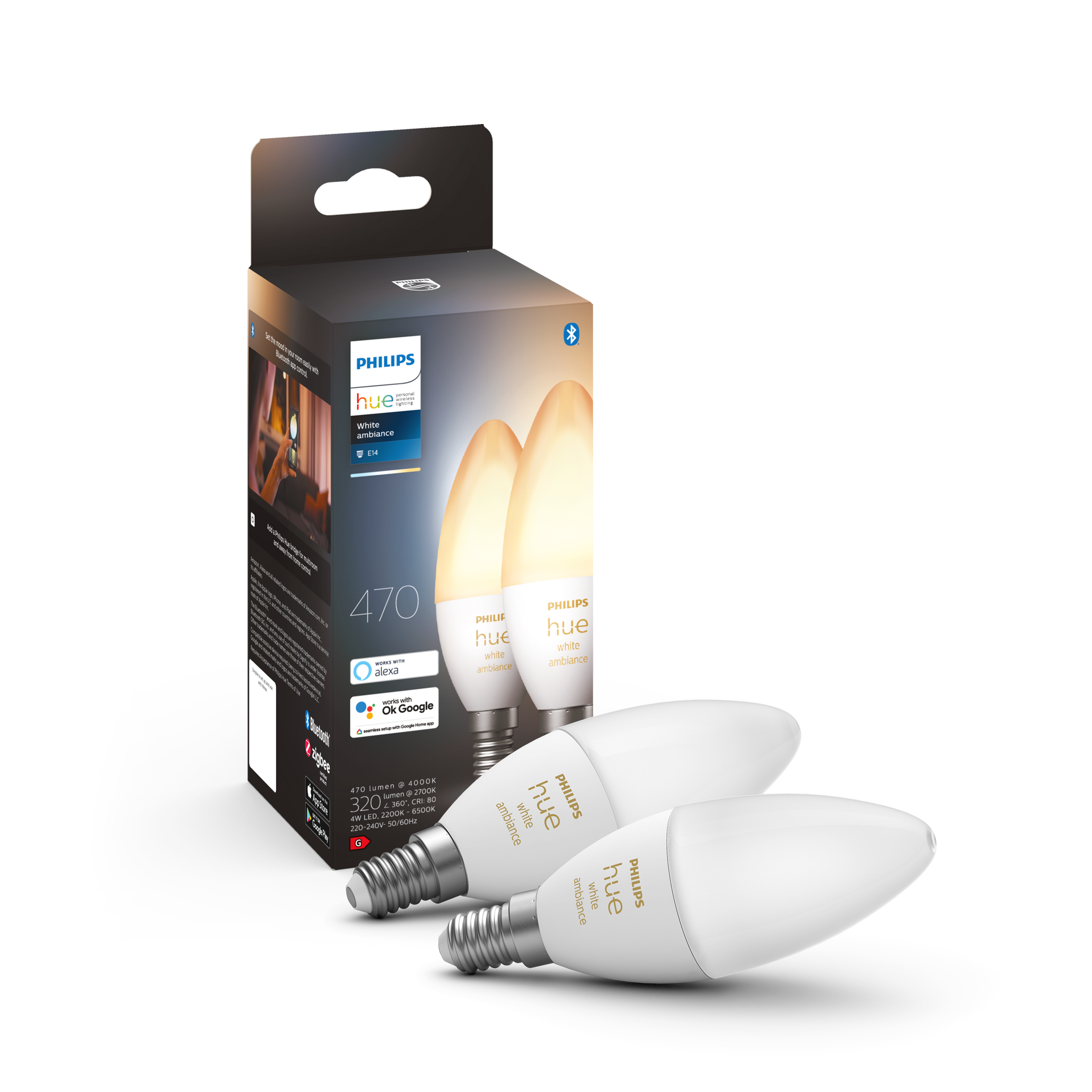 Philips Hue White Ambiance E14 B39 Candle Light - 2-pack - Smart Home 929002294404
