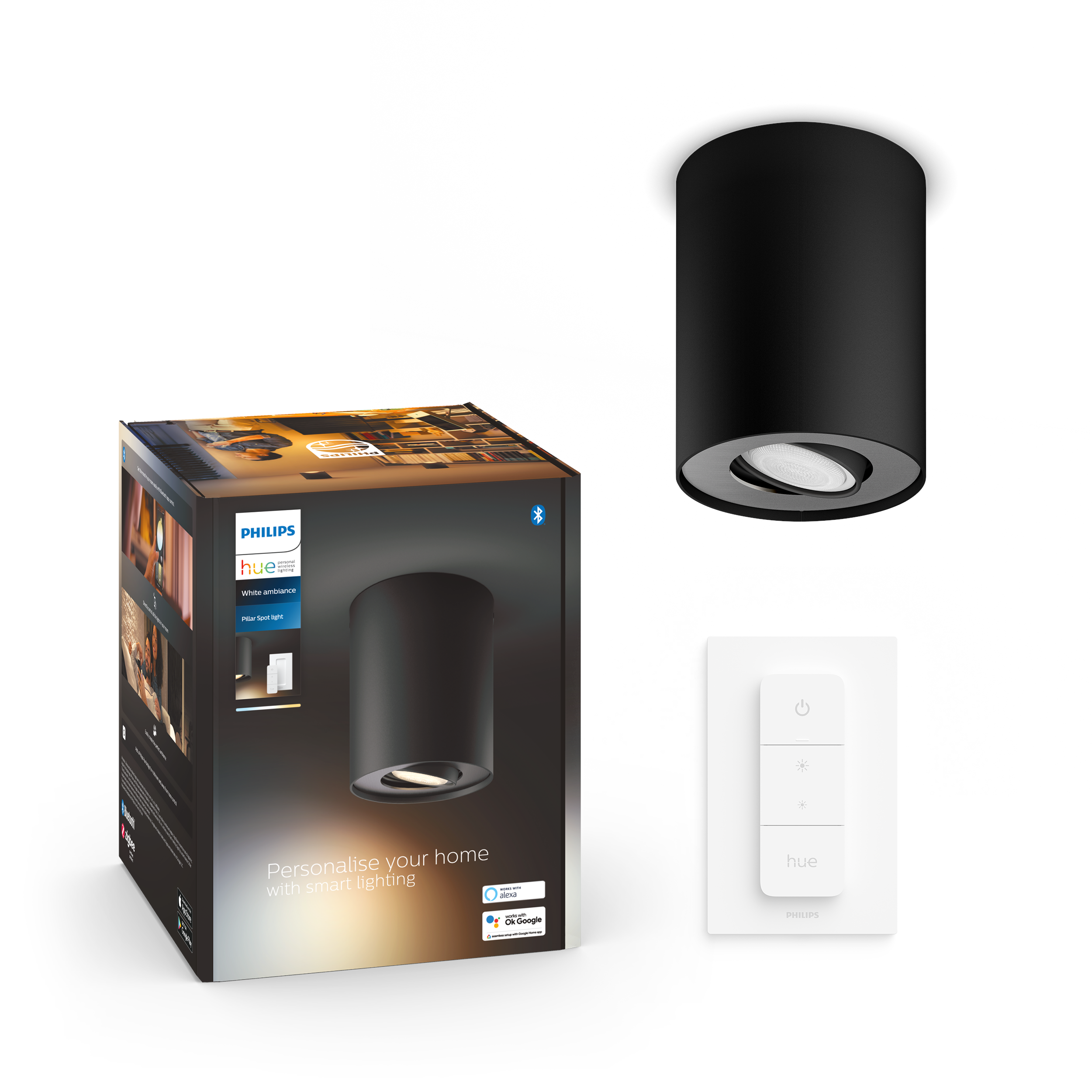 Philips Hue Pillar Single Spotlight - Black - With Dimmer Switch - Smart Home