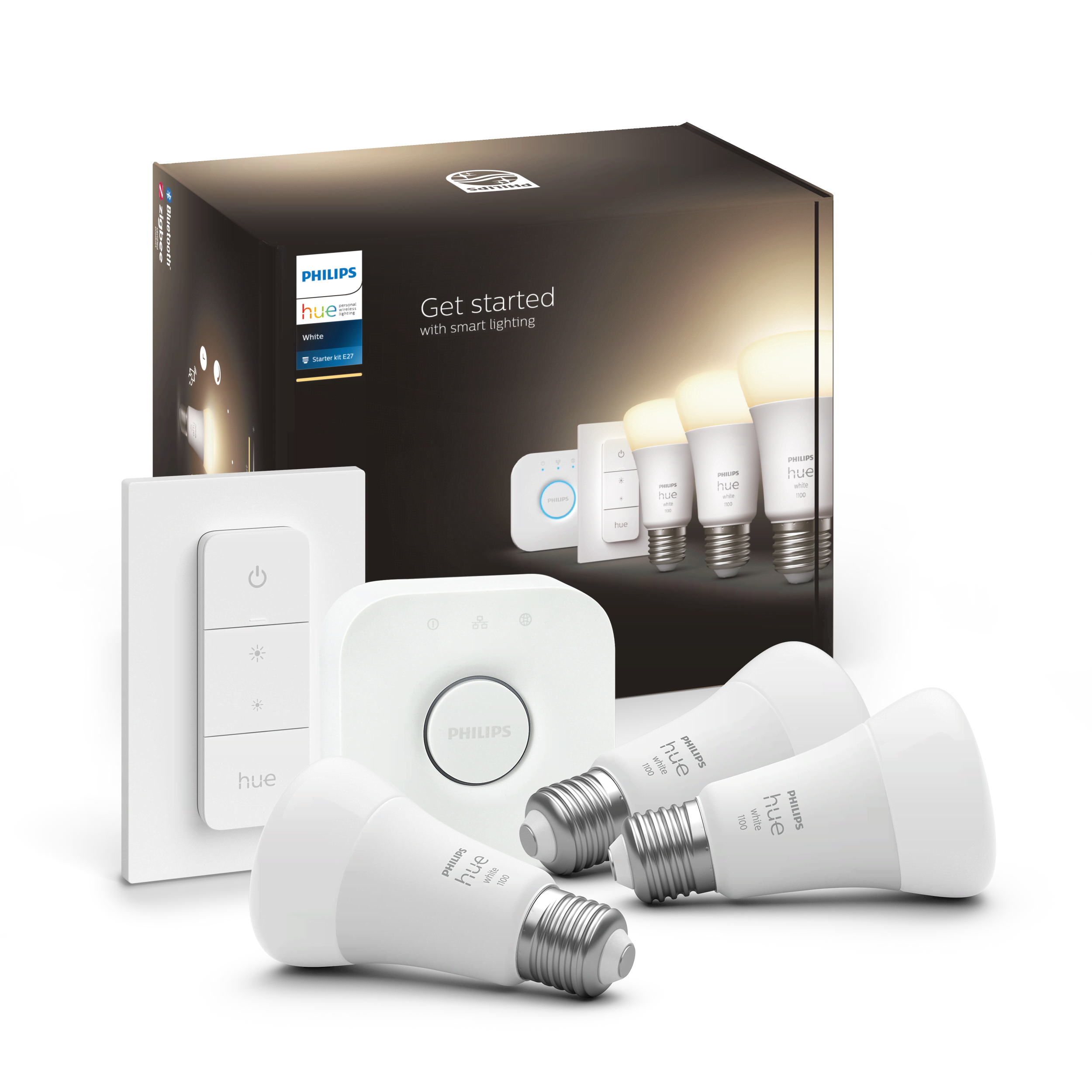 Philips Hue White Starter Kit — 3x E27 A60 Bulbs + Dimmer Switch + Hue Bridge - Smart Home