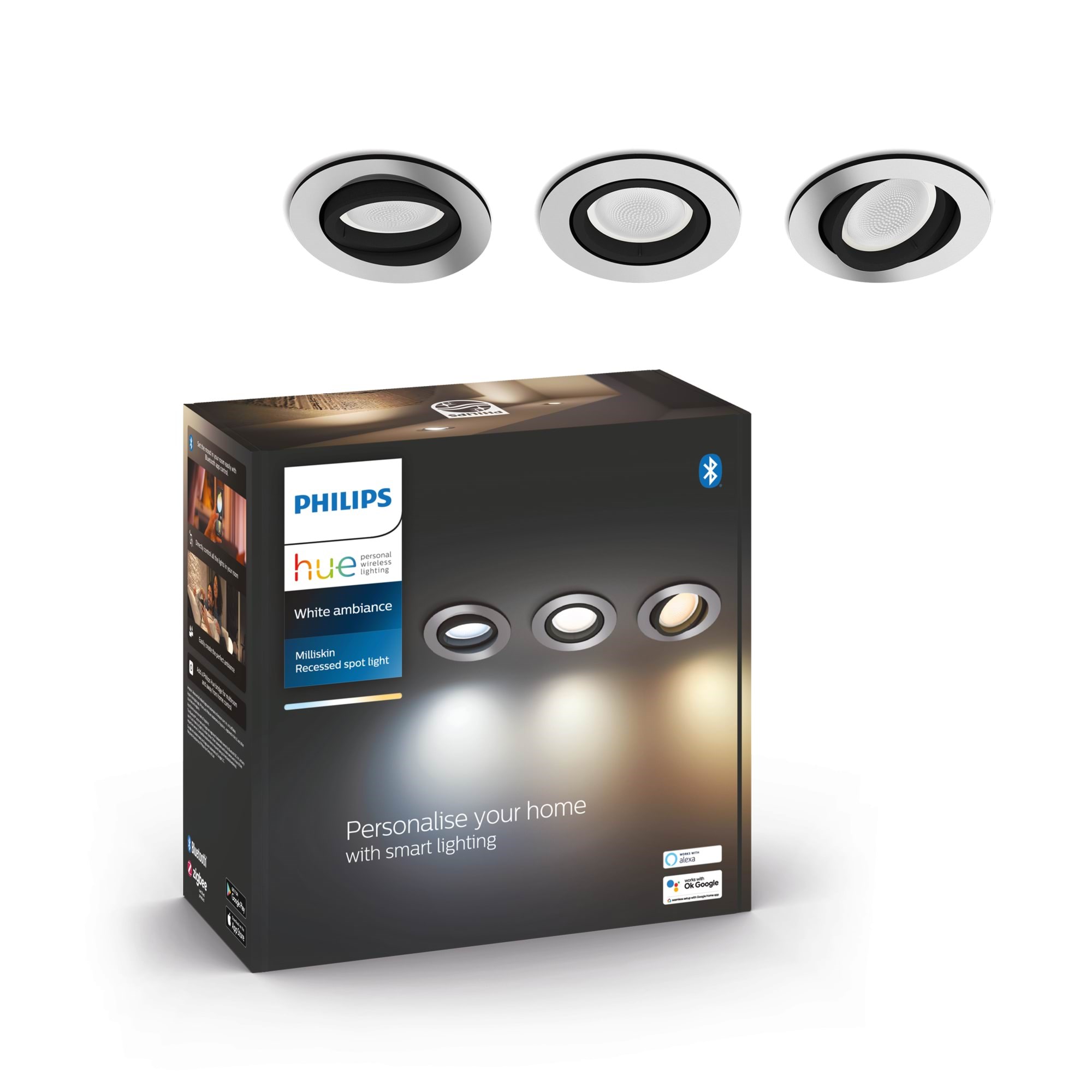 Philips Hue Milliskin Recessed Spotlight Round - Aluminium - 3-pack - Smart Home