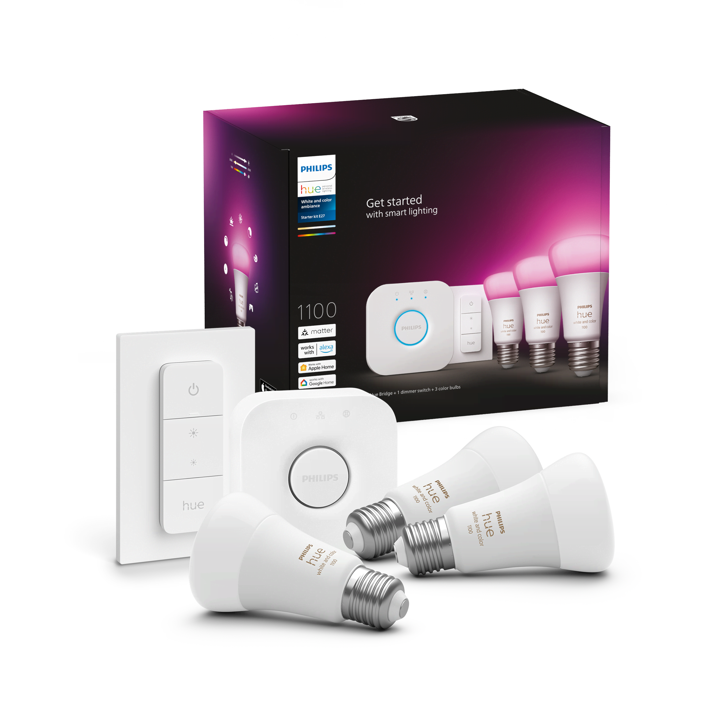 Philips Hue White & Color Ambiance Starter Kit — 3x E27 A60 Bulbs + Dimmer Switch + Hue Bridge - Smart Home 929002468804